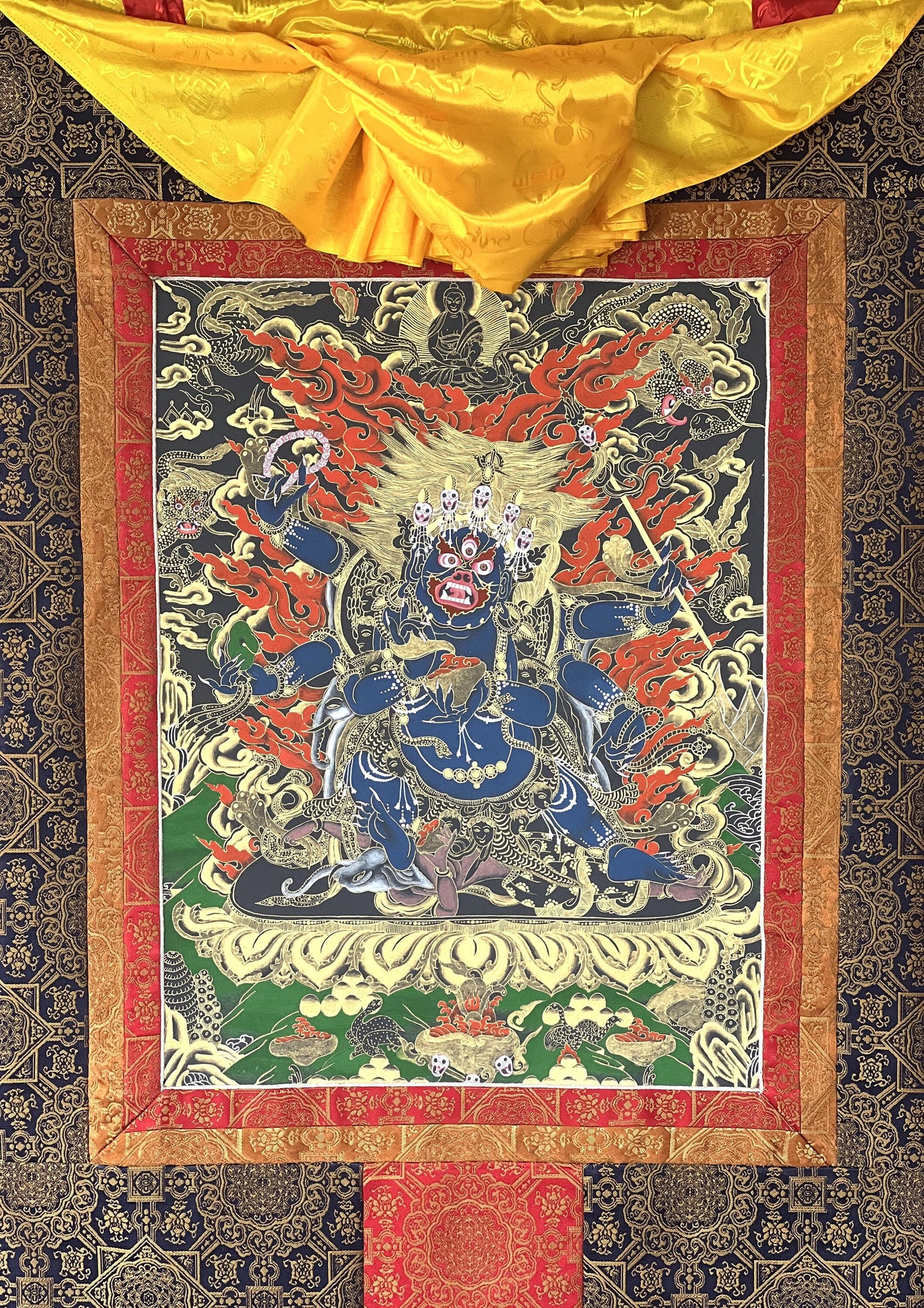 Original Hand Painted Masterpiece Six Armed Black-Cloaked Mahakala / Protector / Tibetan Compassion / Meditation Thangka / Thanka Painting