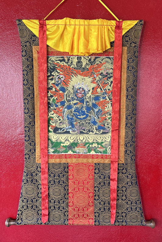 Original Hand Painted Masterpiece Six Armed Black-Cloaked Mahakala / Protector / Tibetan Compassion / Meditation Thangka / Thanka Painting