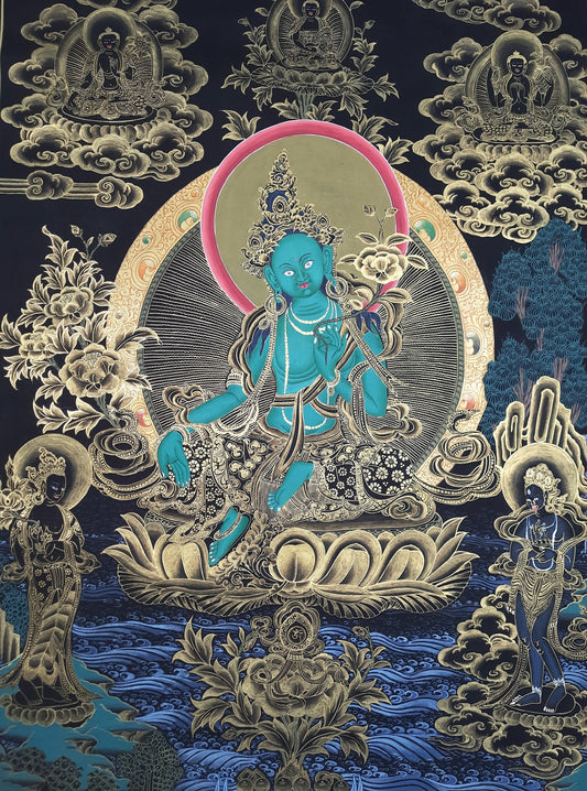 Hand-painted Original Green Tara Masterpiece 24K Gold Old Thangka  Wall Hanging  Meditation, Compassion Tibetan Thangka/thanka Painting