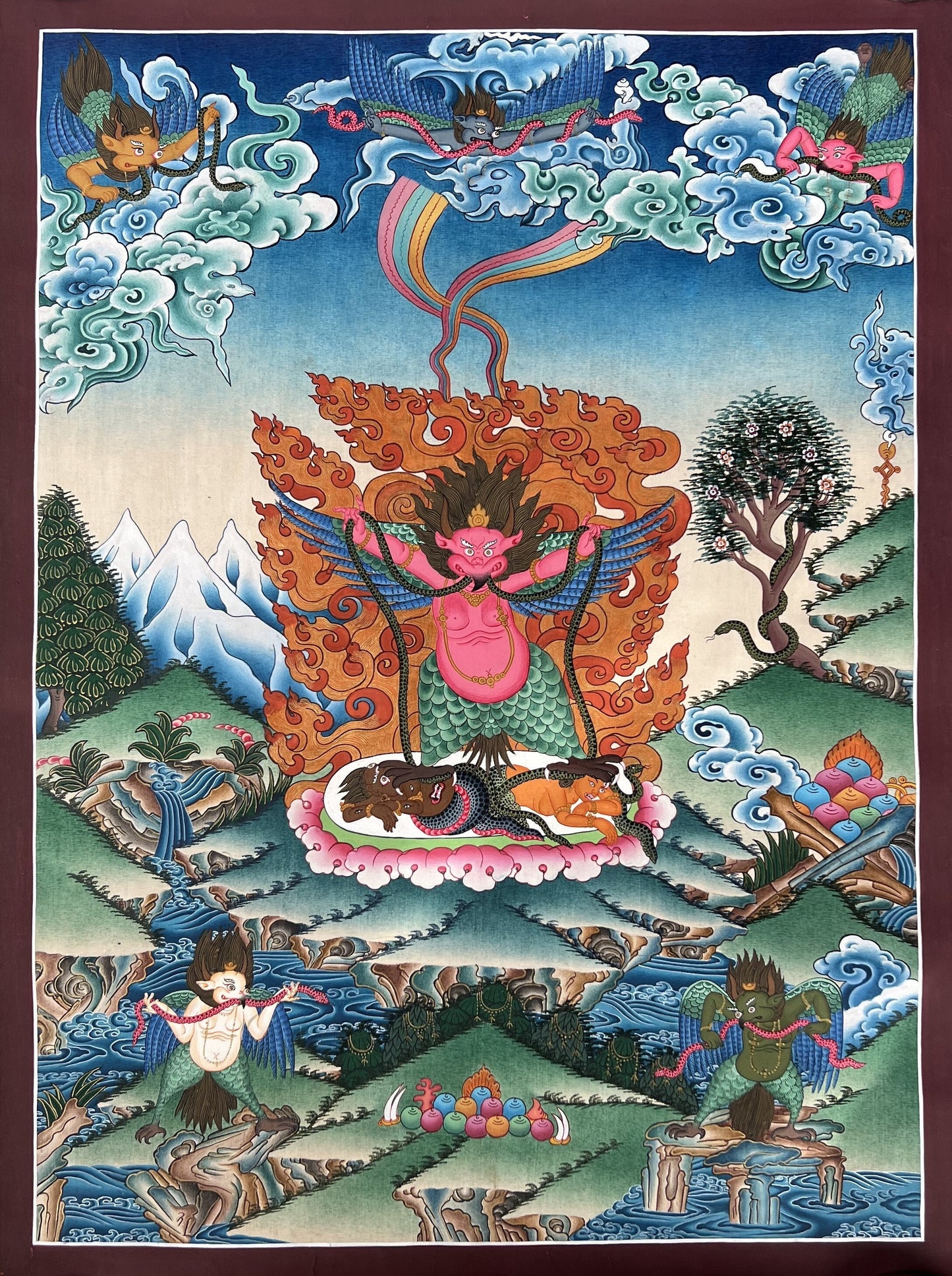 Hindu Demigod Garuda/ Eagle Celestial Deva Man with Wings Protector Rare Masterpiece Original Hand Painted Tibetan Newari Thangka Painting