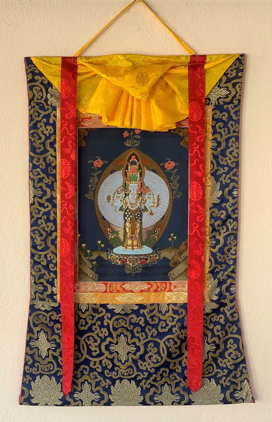 Original Hand-painted 1000 Armed Avalokiteshvara/Lokeswor Tibetan Thangka Painting with Silk Brocade