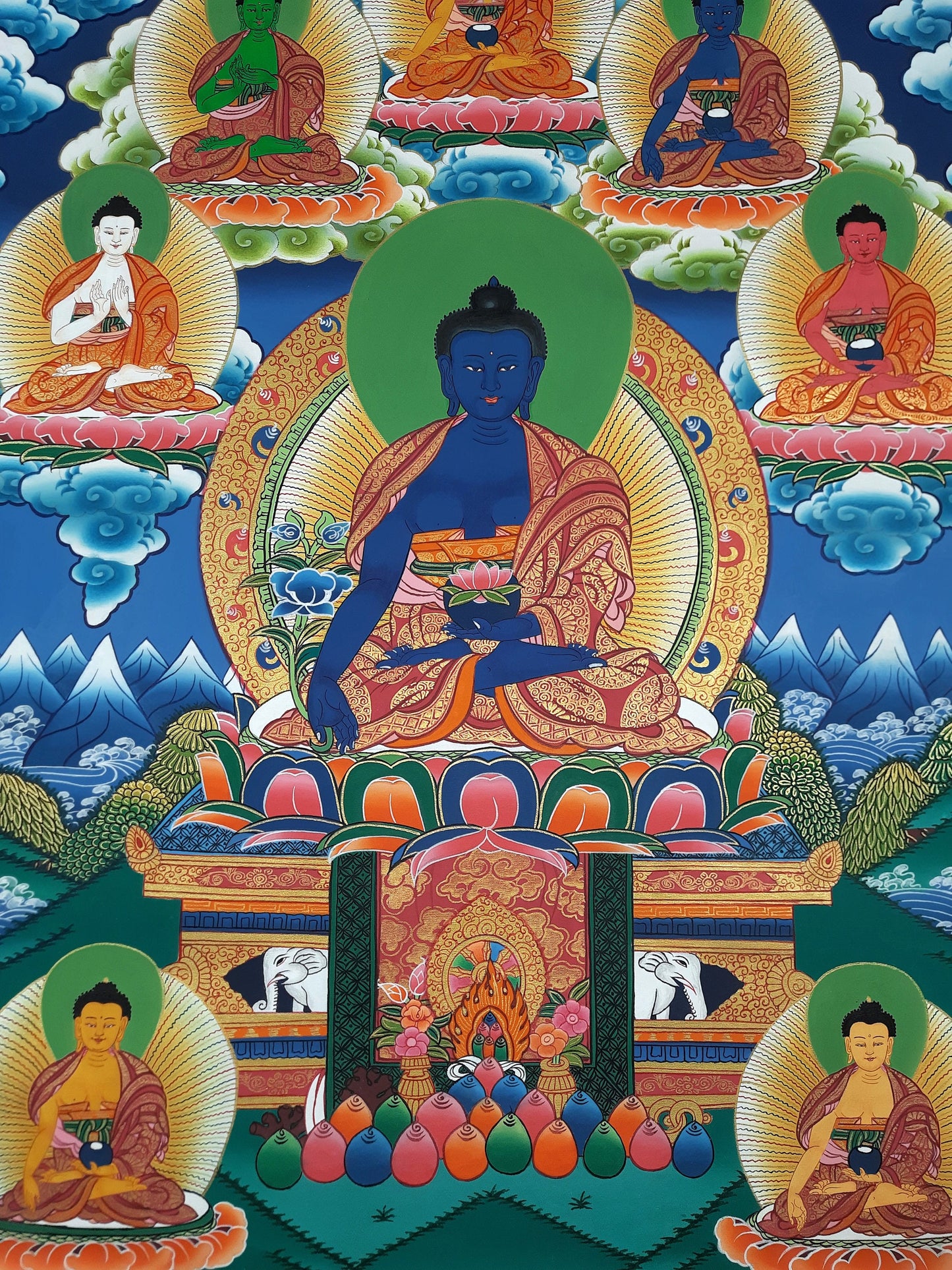 Original Hand Painted  Eight Medicine Buddha / Bhaisajyaguru Masterpiece Tibetan Wall Hanging Mediation Painting Thangka / Thanka Art