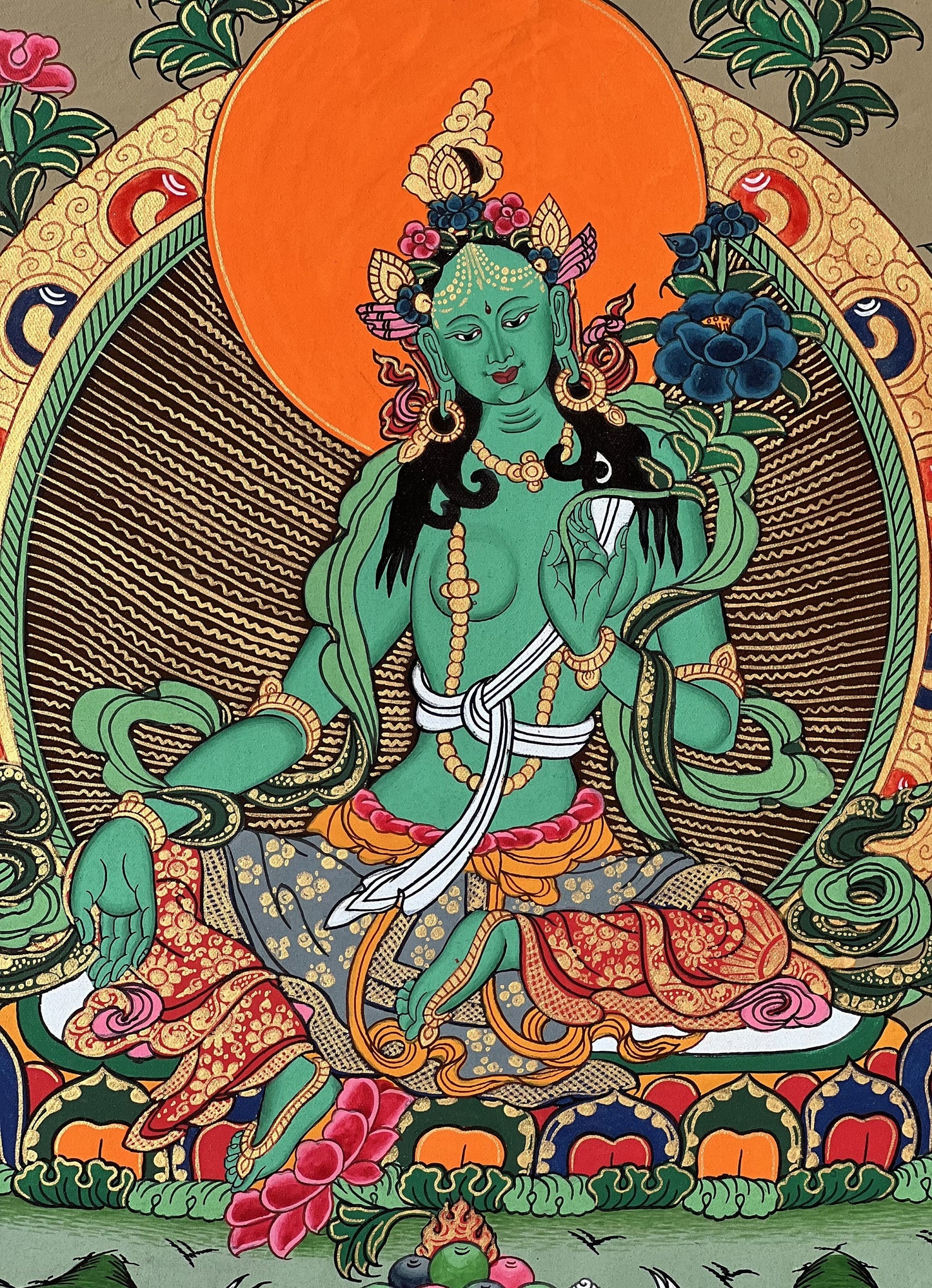 Original Hand-painted Green Tara Goddess Shyamatara Tibetan Thangka Painting with High-Quality Silk Brocade