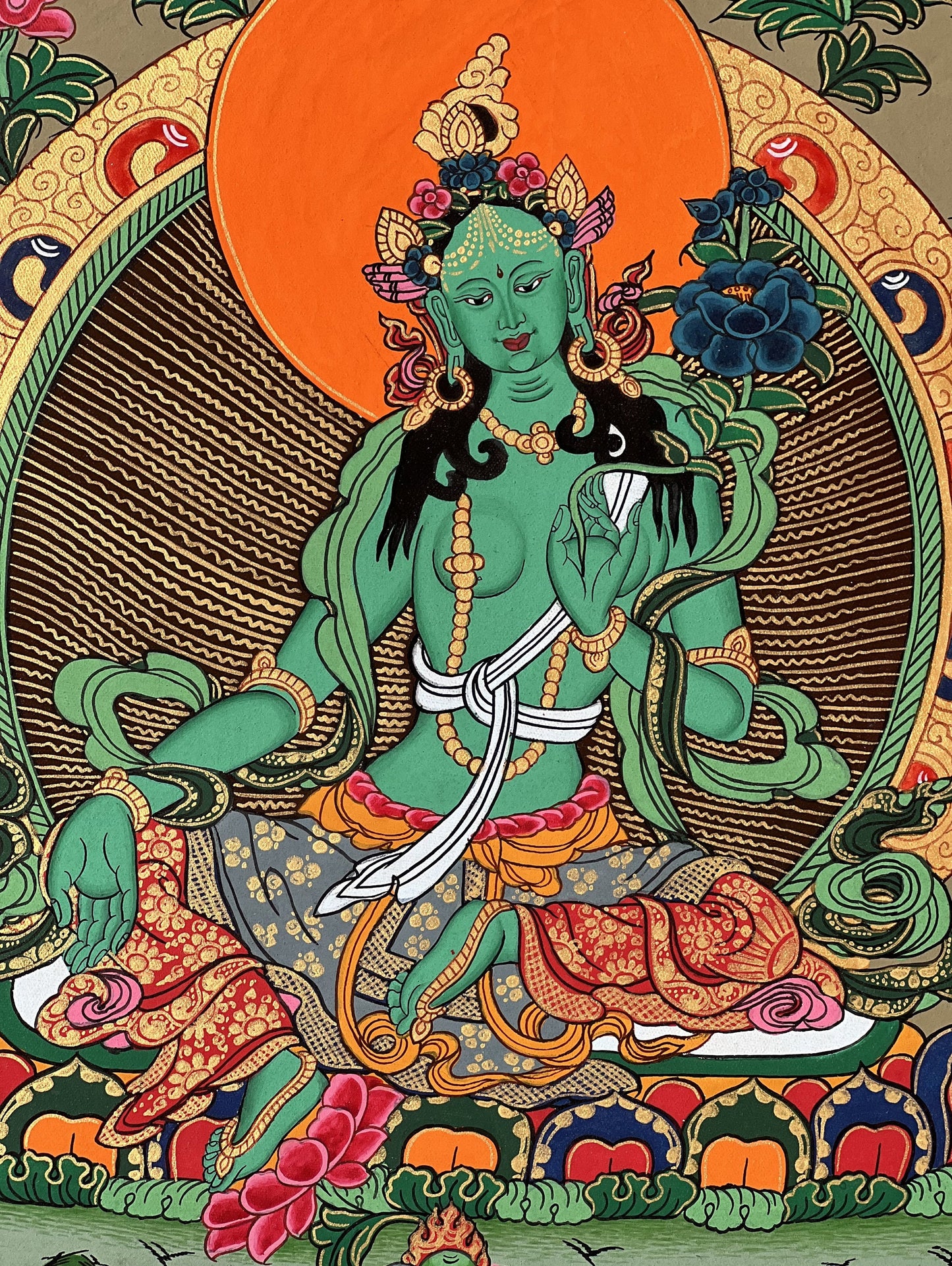 Original Hand-painted Green Tara Goddess Shyamatara Tibetan Thangka Painting with High-Quality Silk Brocade