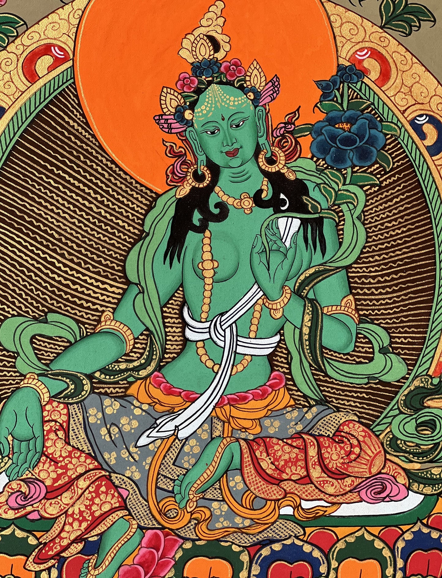 Original Hand-painted Green Tara Goddess Shyamatara Tibetan Thangka Painting with High-Quality Silk Brocade