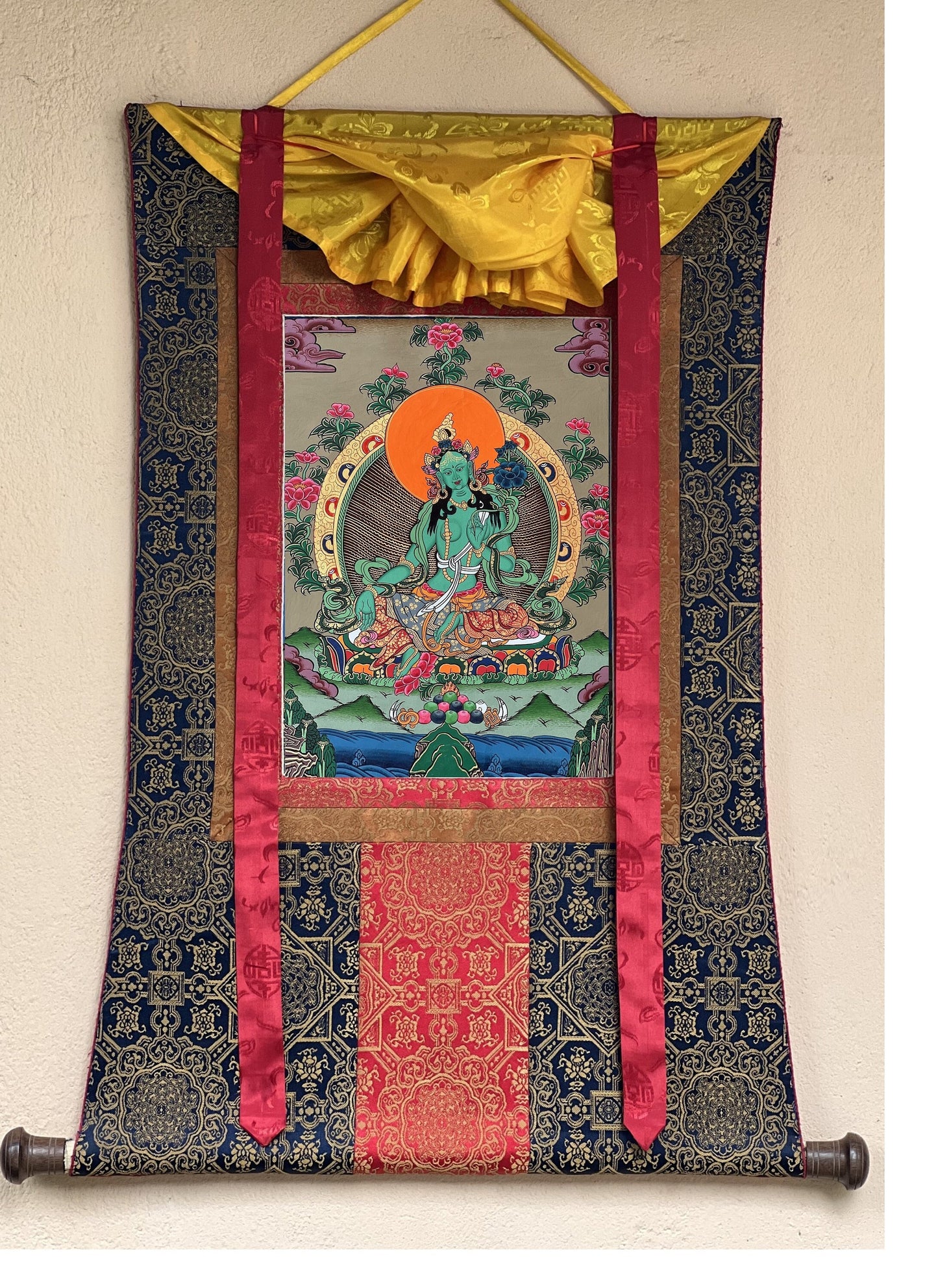 Original Hand-painted Green Tara Goddess Shyamatara Tibetan Thangka Painting with High-Quality Silk Brocade