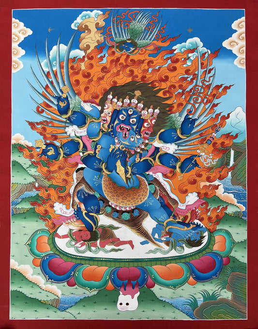 Original Hand-painted Vajrakilaya/ Dorje Phurba with Diptachakra Large Masterpiece Tibetan Thangka Painting/ Compassion Meditation Art