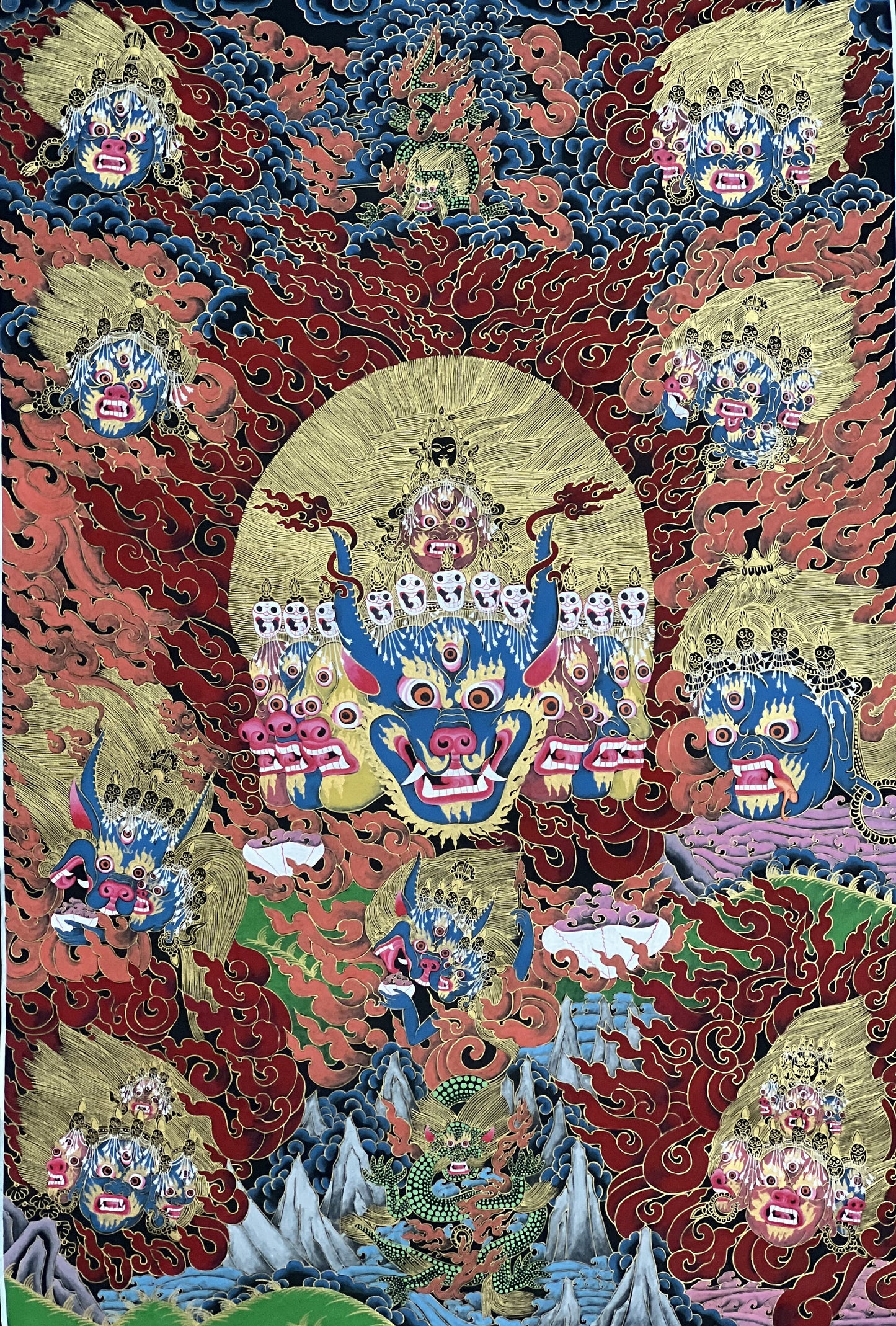 Original Hand-Painted Head of Wrathful Deity Yamantaka High-Quality Large Tibetan Thangka Painting/ Wall Hanging/ Compassion Meditation Art