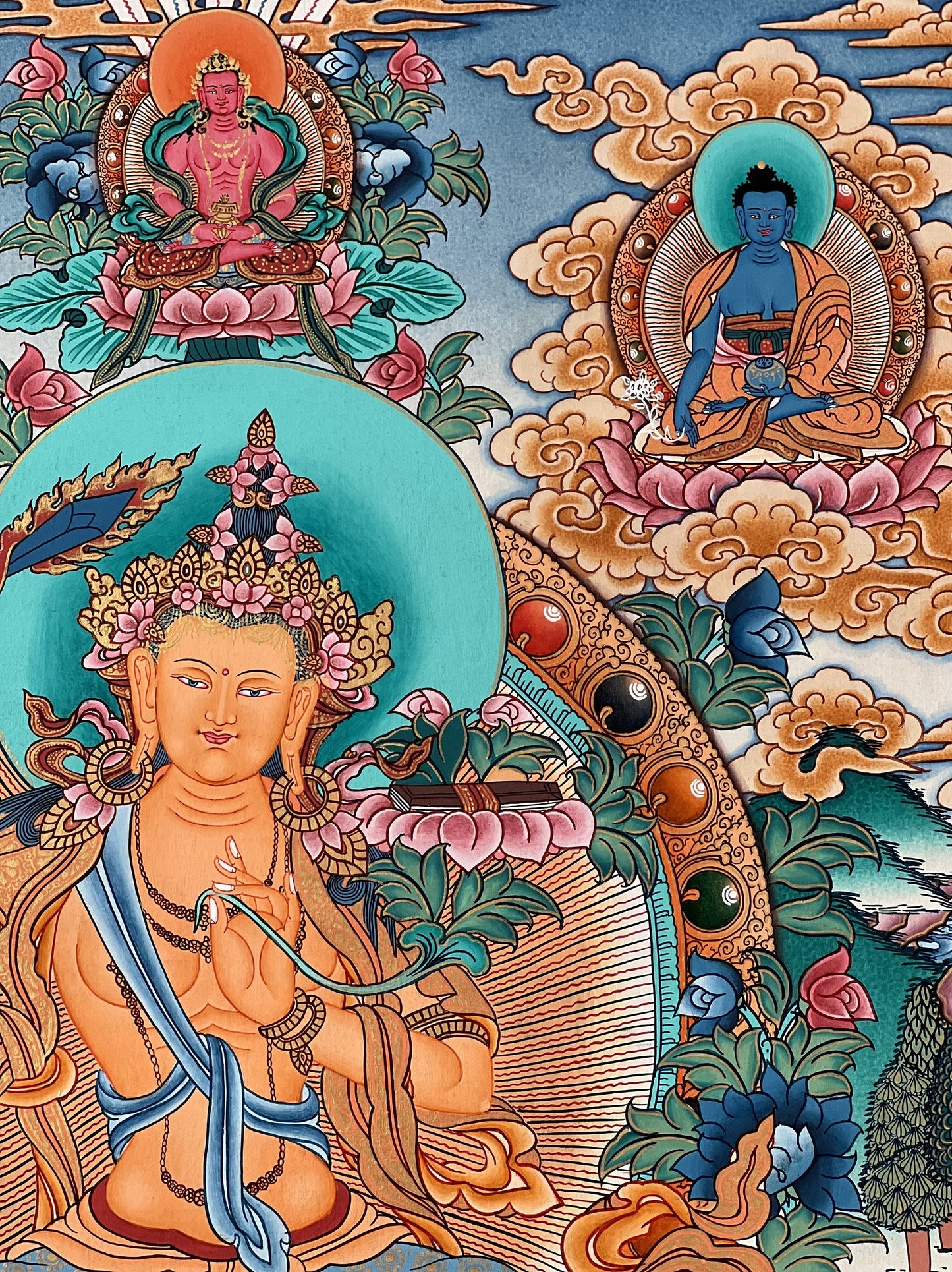 Original Hand-Painted Manjushri/Manjusri/ Jampelyang/ Wisdom Bodhisattva 24 K Gold Masterpiece Tibetan Thangka Painting/Meditation Art