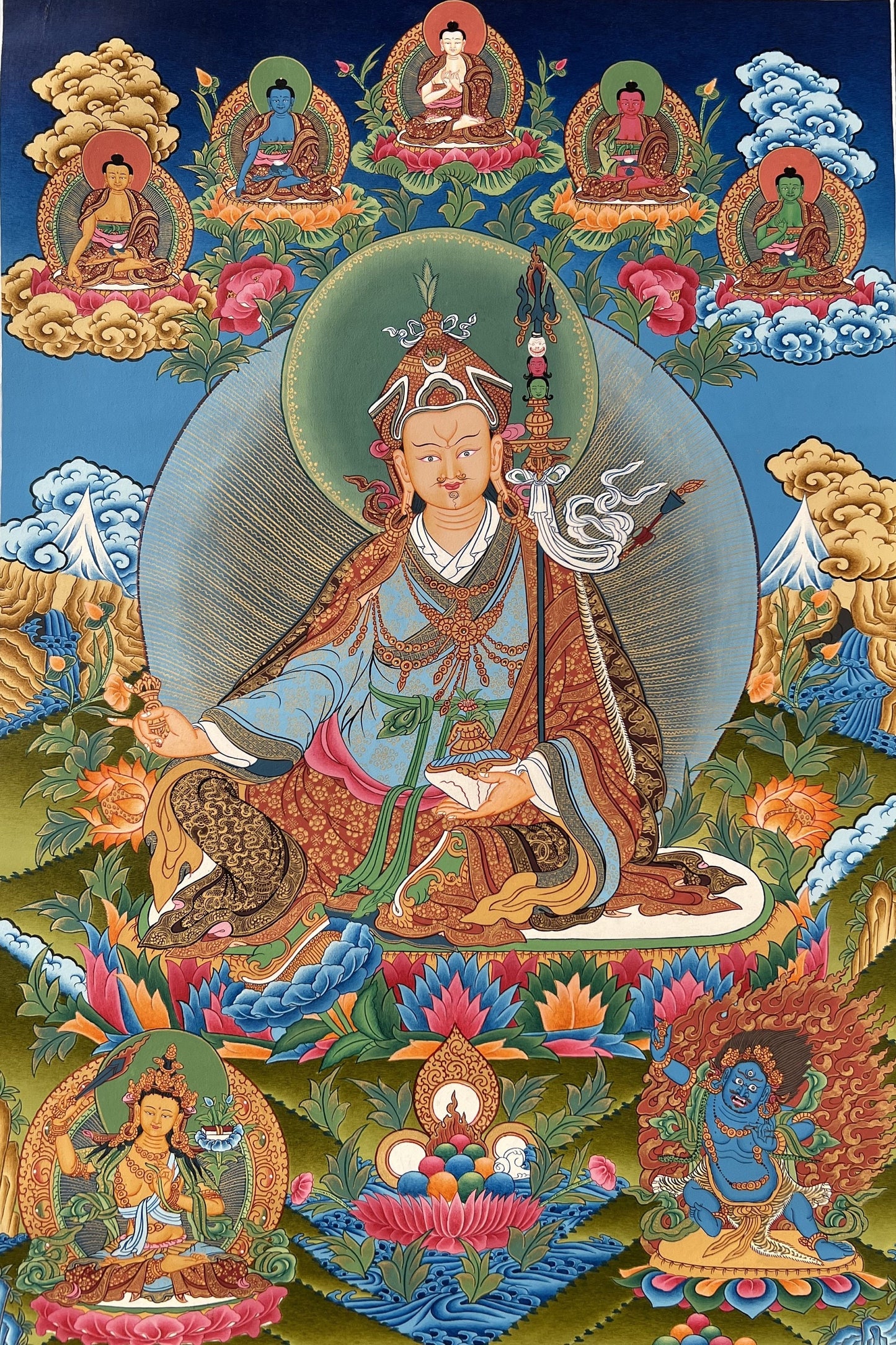 Original Hand-painted Guru Rinpoche/ PADMASAMBHAVA PRECIOUS MASTER  Masterpiece 24 K Gold Tibetan Thangka Painting/Compassion Meditation Art