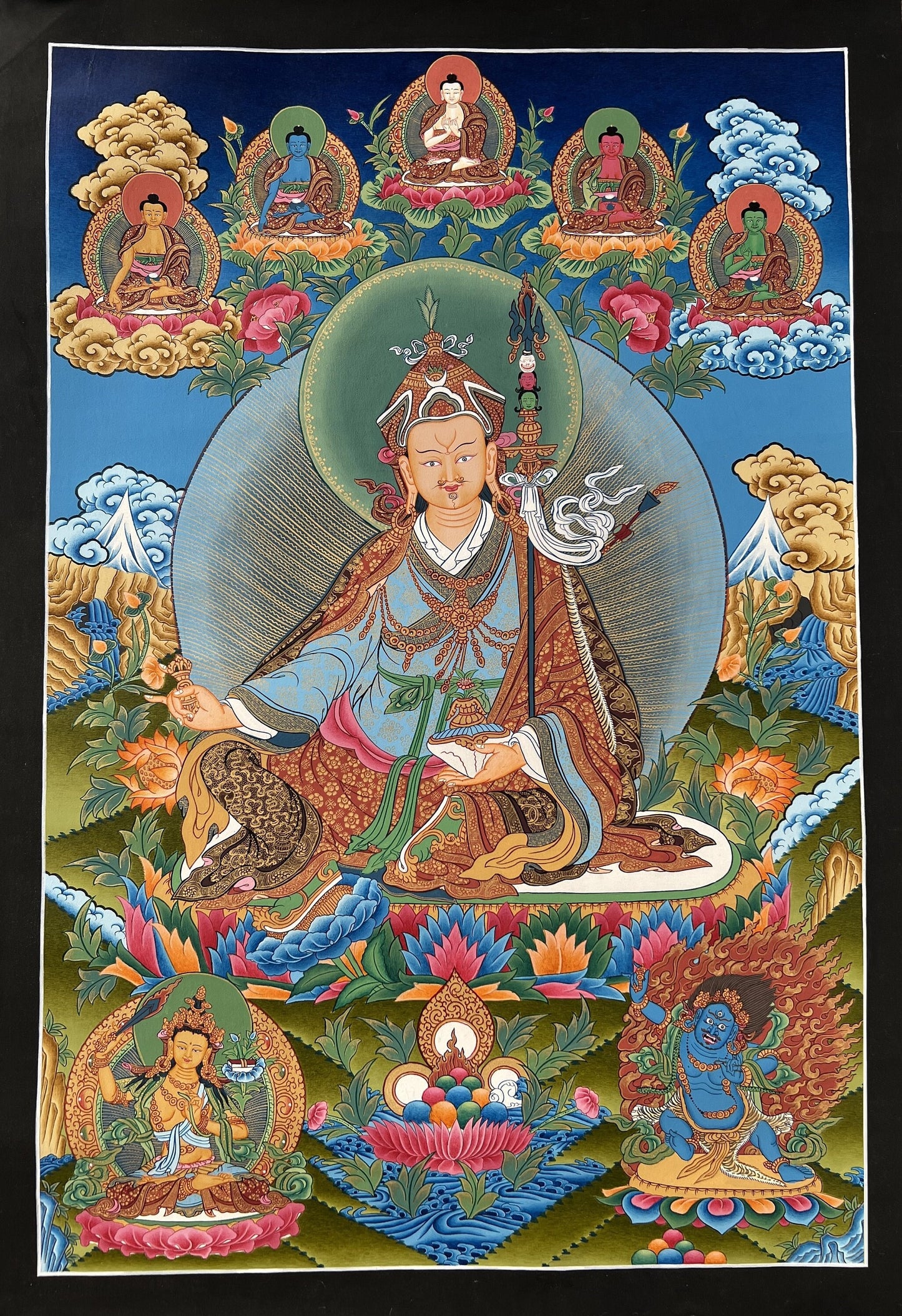 Original Hand-painted Guru Rinpoche/ PADMASAMBHAVA PRECIOUS MASTER  Masterpiece 24 K Gold Tibetan Thangka Painting/Compassion Meditation Art