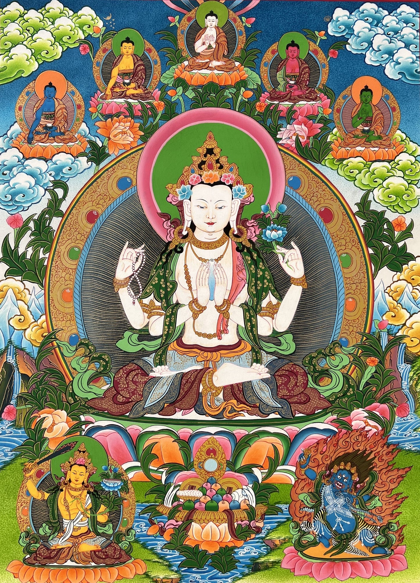 Original Hand Painted Avalokiteshvara/Chenrezig / Compassion Buddha Masterpiece Tibetan Thangka / Thanka Painting with Five Dhyani Buddha