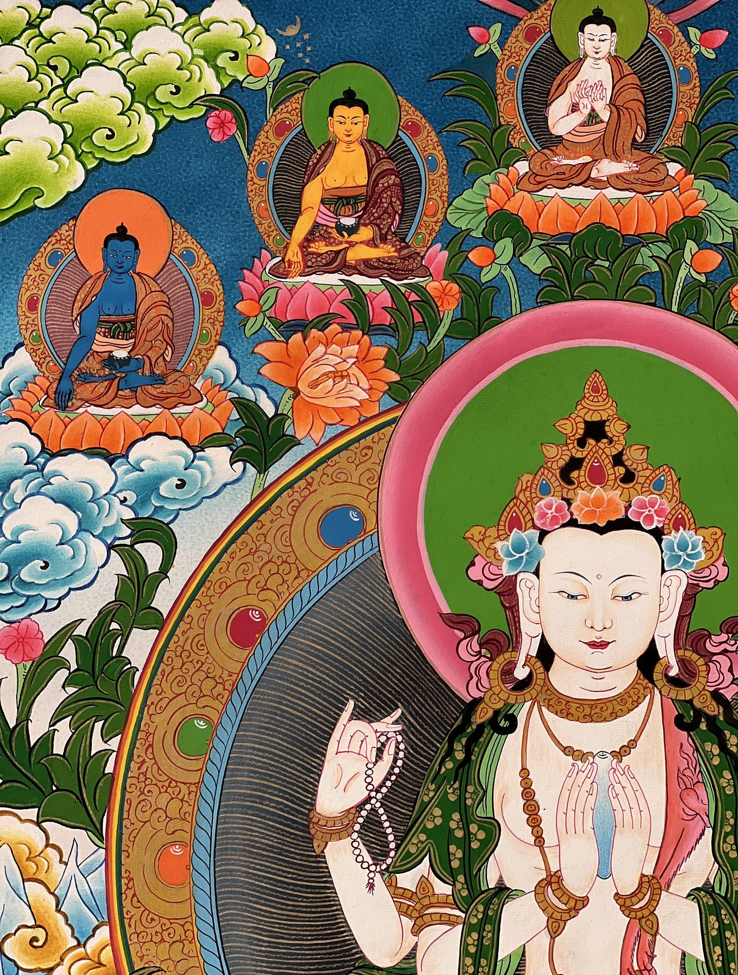 Original Hand Painted Avalokiteshvara/Chenrezig / Compassion Buddha Masterpiece Tibetan Thangka / Thanka Painting with Five Dhyani Buddha