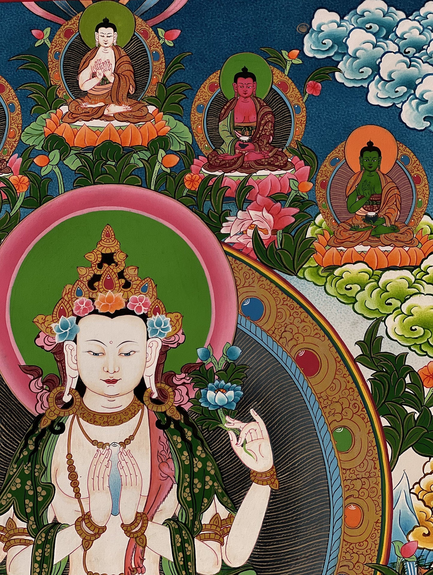 Original Hand Painted Avalokiteshvara/Chenrezig / Compassion Buddha Masterpiece Tibetan Thangka / Thanka Painting with Five Dhyani Buddha