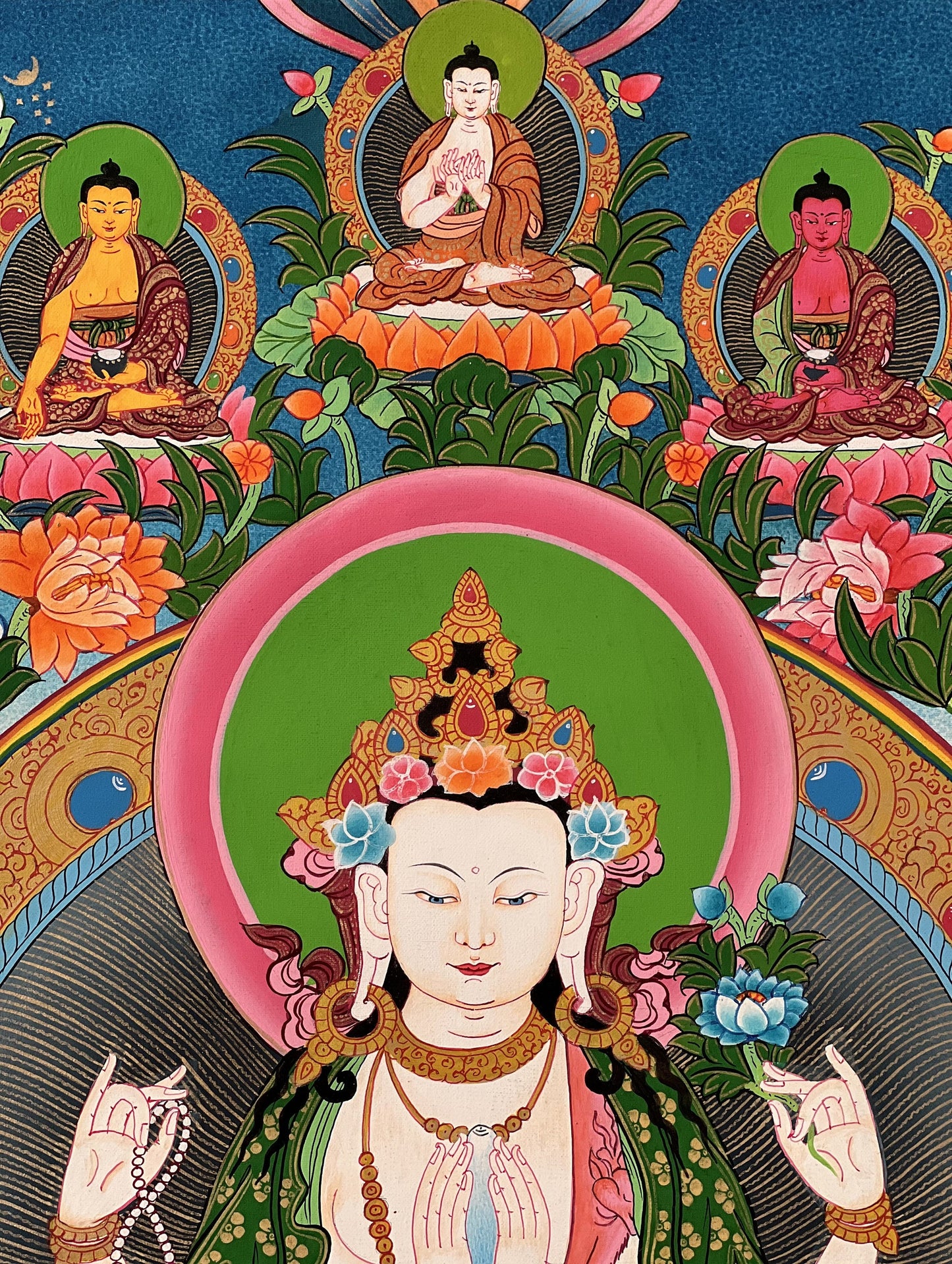 Original Hand Painted Avalokiteshvara/Chenrezig / Compassion Buddha Masterpiece Tibetan Thangka / Thanka Painting with Five Dhyani Buddha