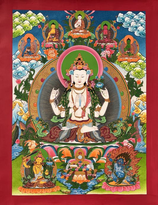 Original Hand Painted Avalokiteshvara/Chenrezig / Compassion Buddha Masterpiece Tibetan Thangka / Thanka Painting with Five Dhyani Buddha