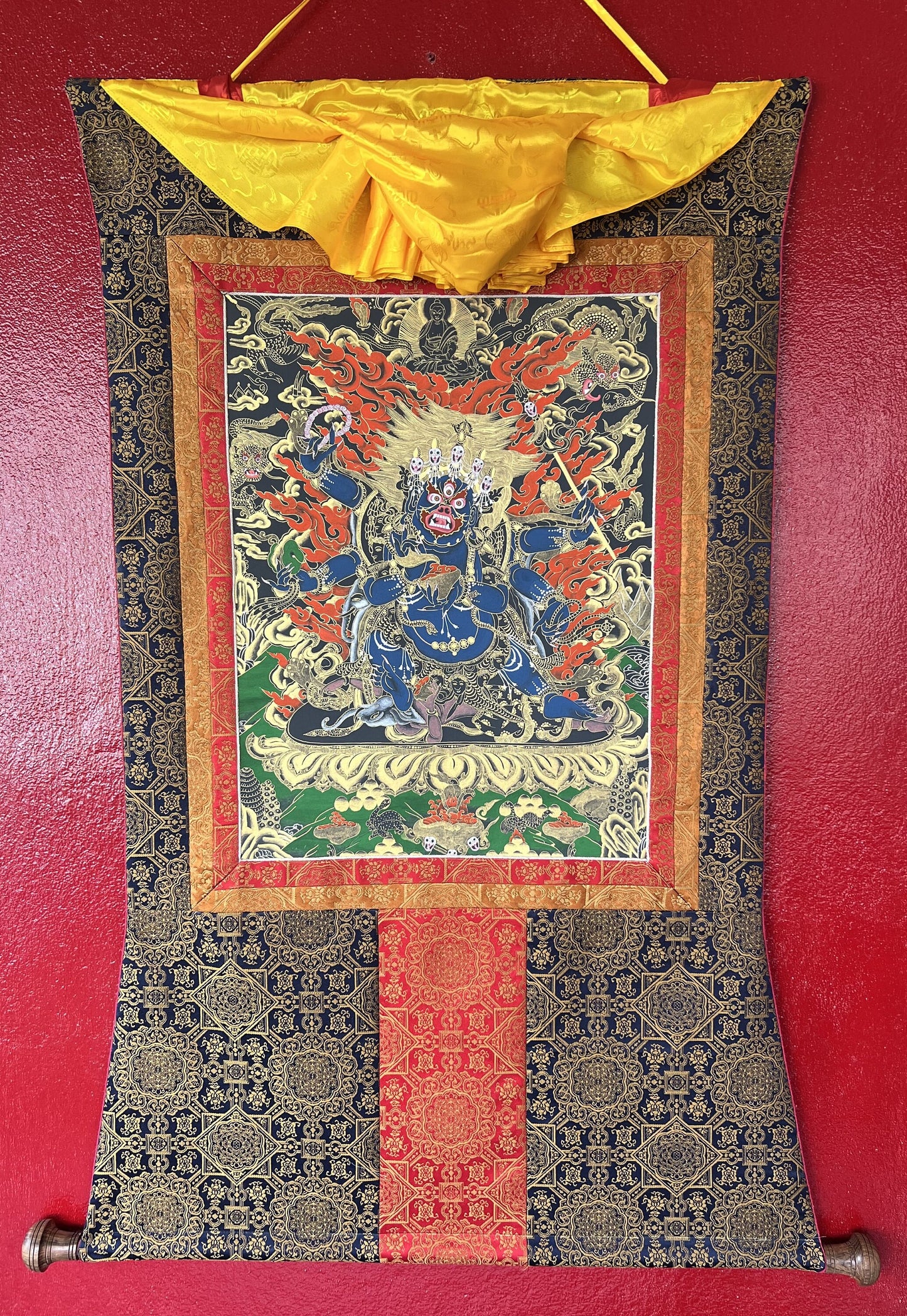 Original Hand Painted Masterpiece Six Armed Black-Cloaked Mahakala / Protector / Tibetan Compassion / Meditation Thangka / Thanka Painting