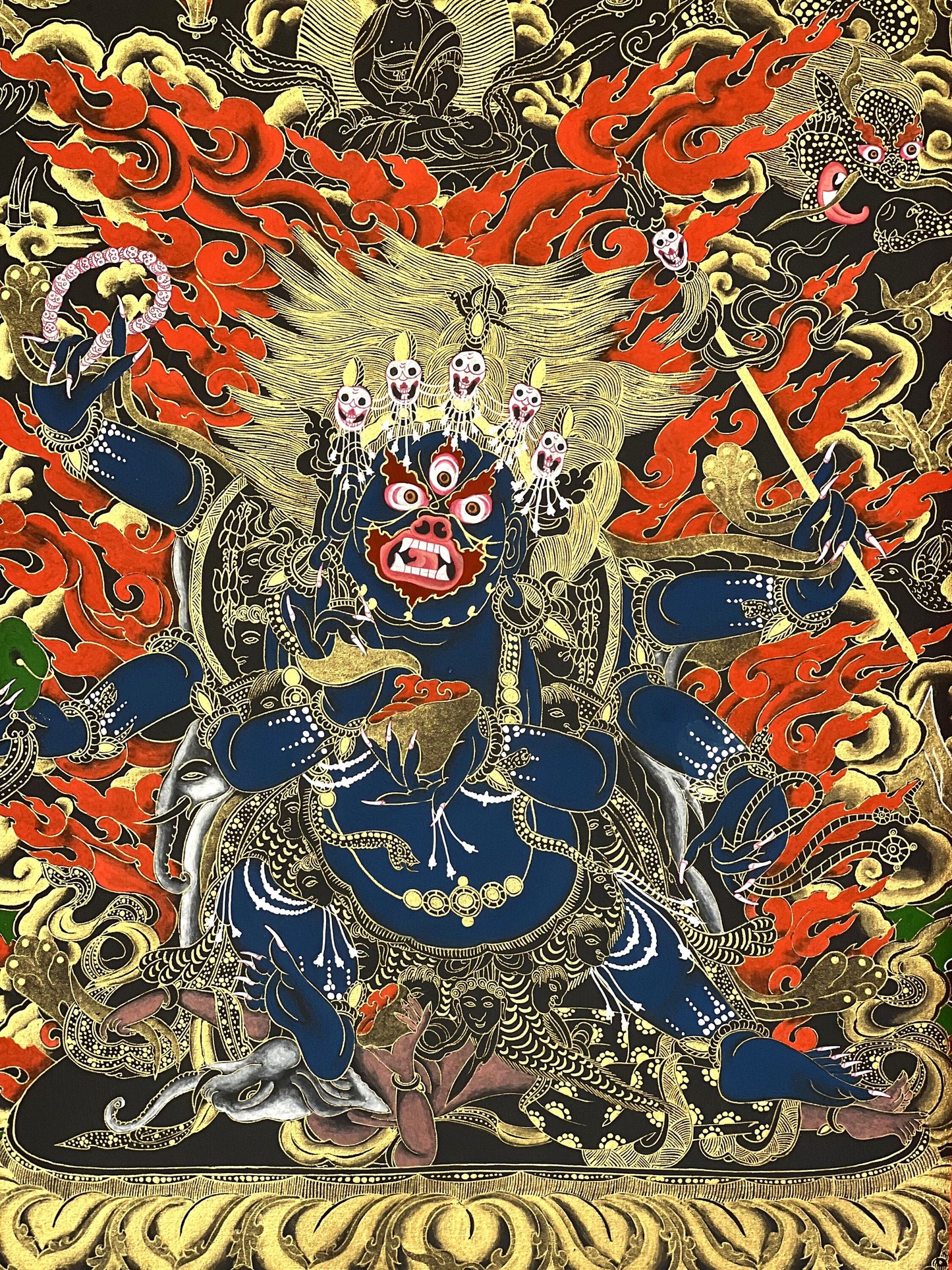 Original Hand Painted Masterpiece Six Armed Black-Cloaked Mahakala / Protector / Tibetan Compassion / Meditation Thangka / Thanka Painting