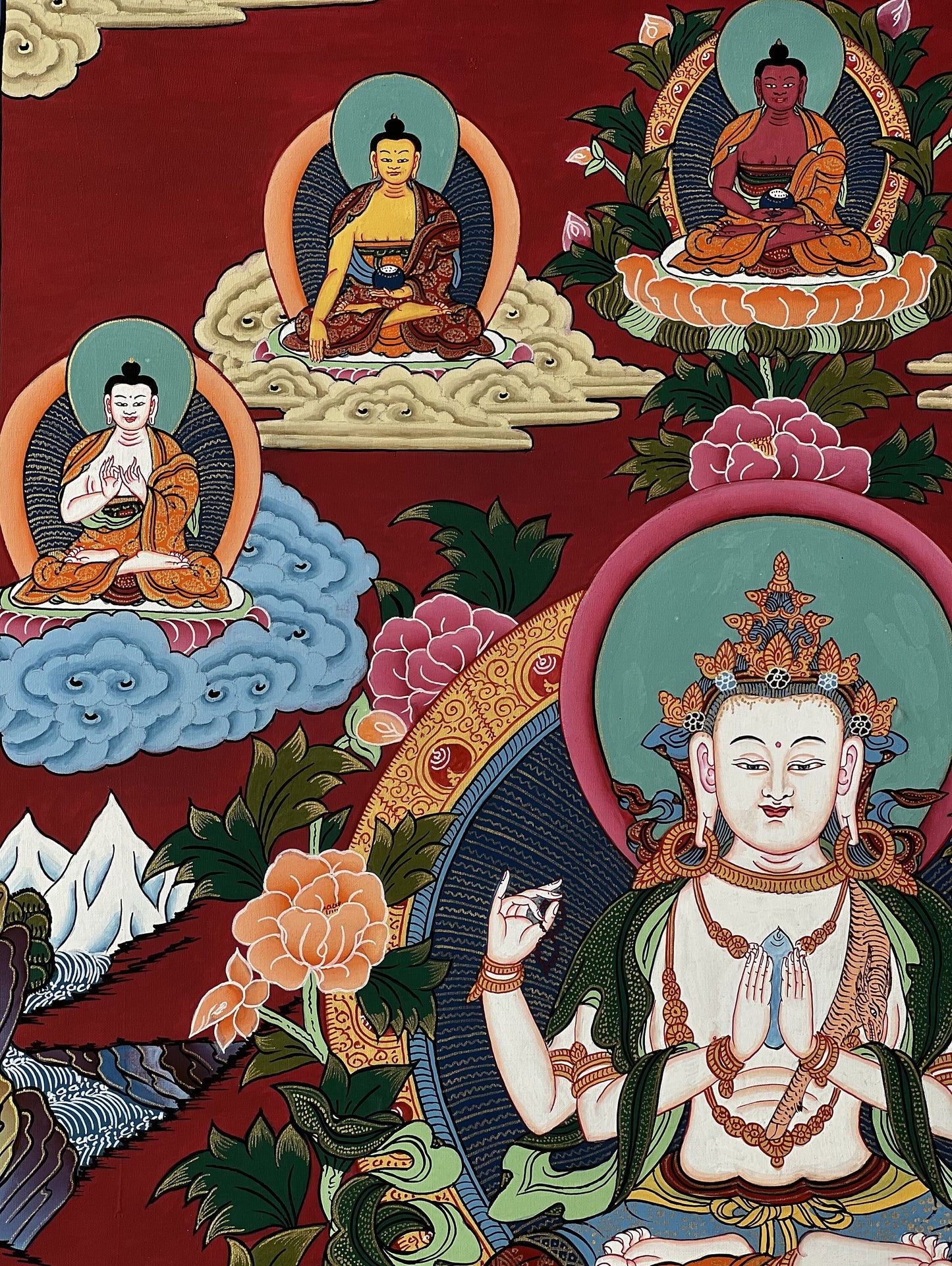 Original Hand Painted Chenrezig / Avalokiteshvara Compassion Buddha Tibetan  Meditation Thangka / Thanka  Painting/ Wall Hanging  From Nepal