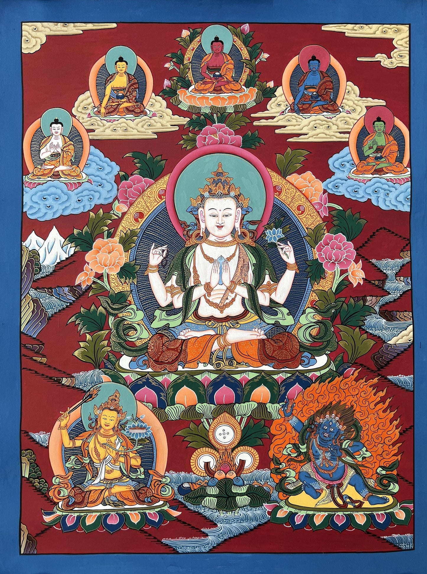 Original Hand Painted Chenrezig / Avalokiteshvara Compassion Buddha Tibetan  Meditation Thangka / Thanka  Painting/ Wall Hanging  From Nepal