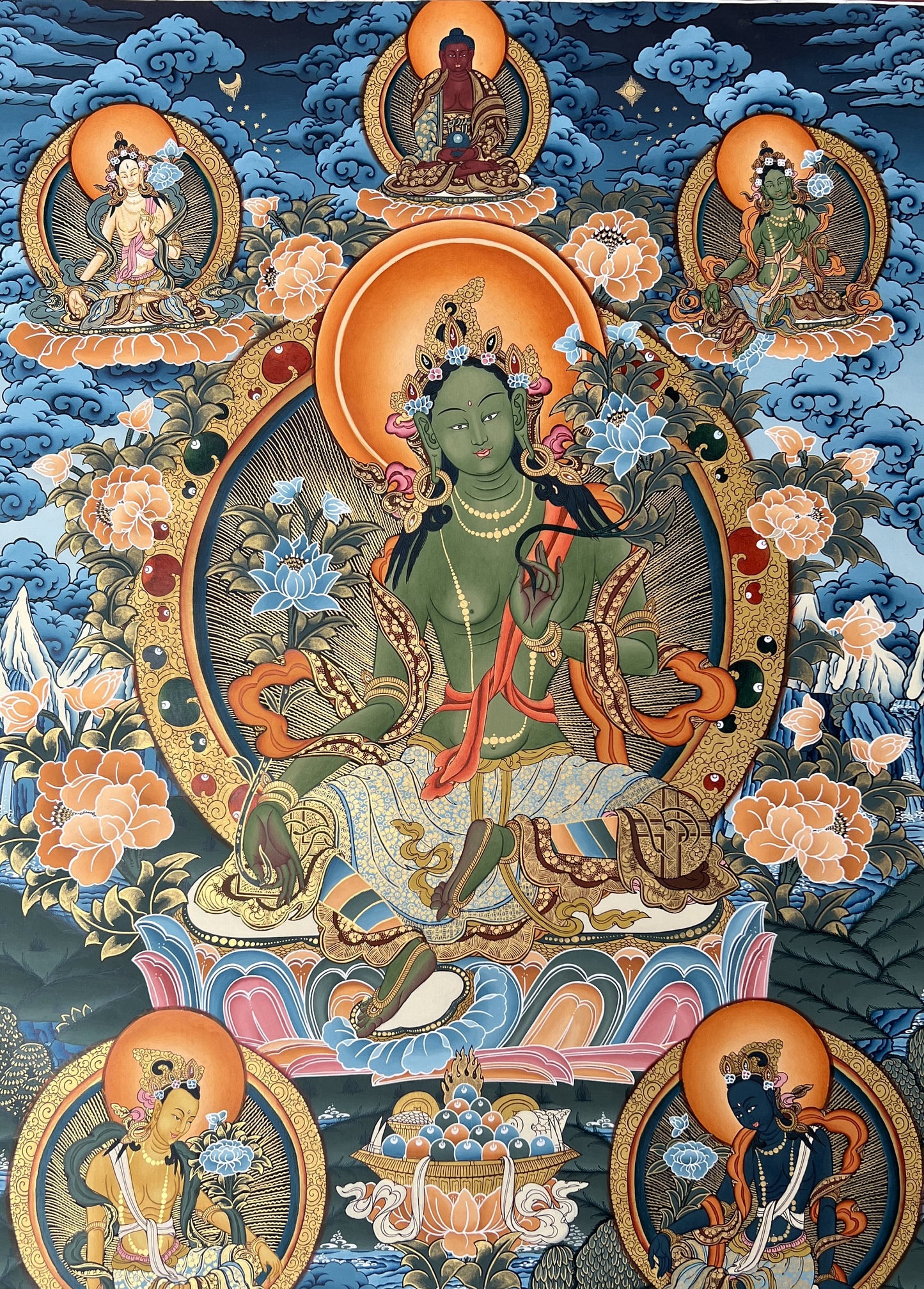 Original Hand painted GreenTara Mother Goddess Masterpiece Large Tibetan Thangka /Thangka Painting/ Compassion Meditation Art from Nepal