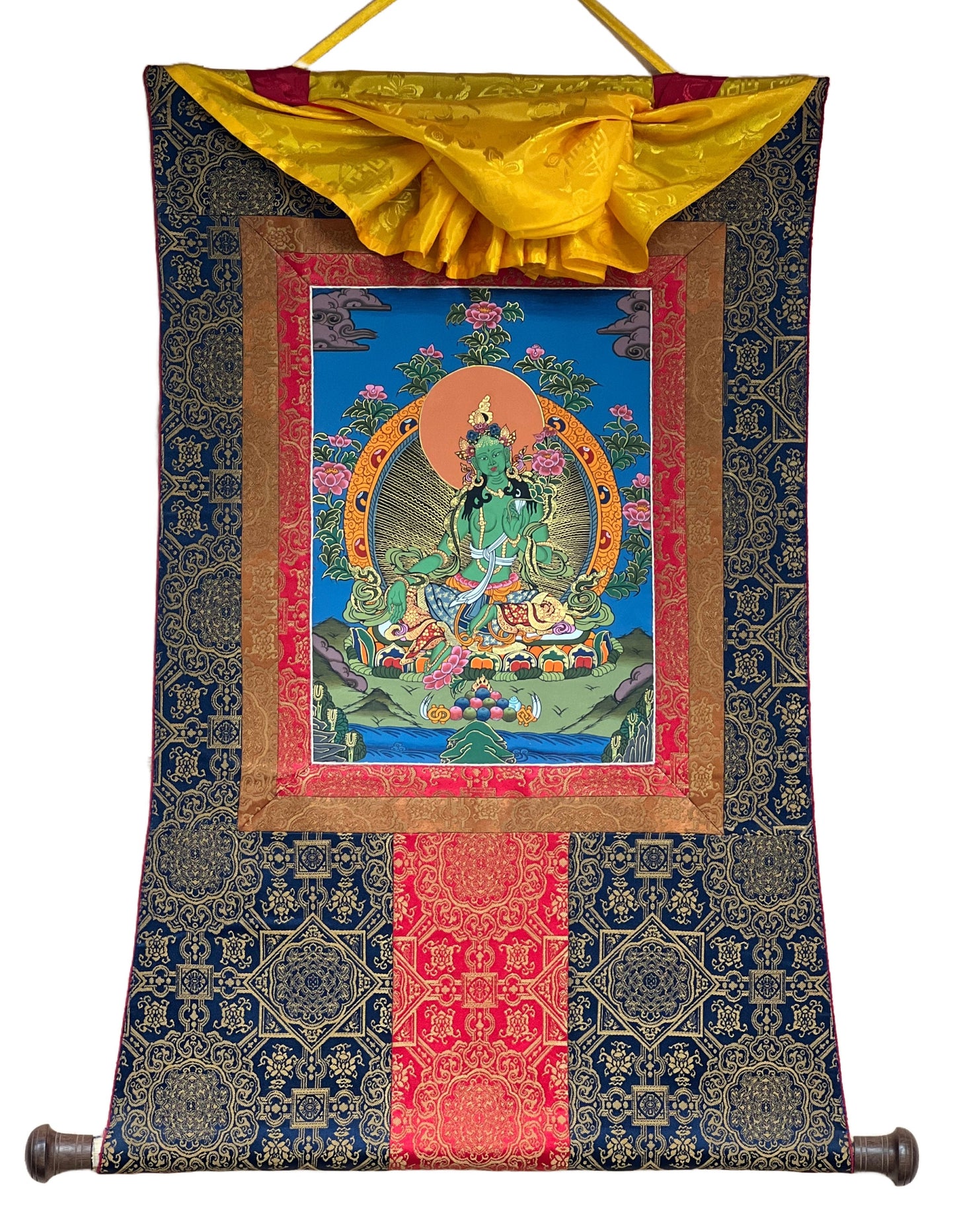 Original Hand-painted, Green Tara, Shyamatara Tibetan Thangka Painting with High-Quality Silk Brocade