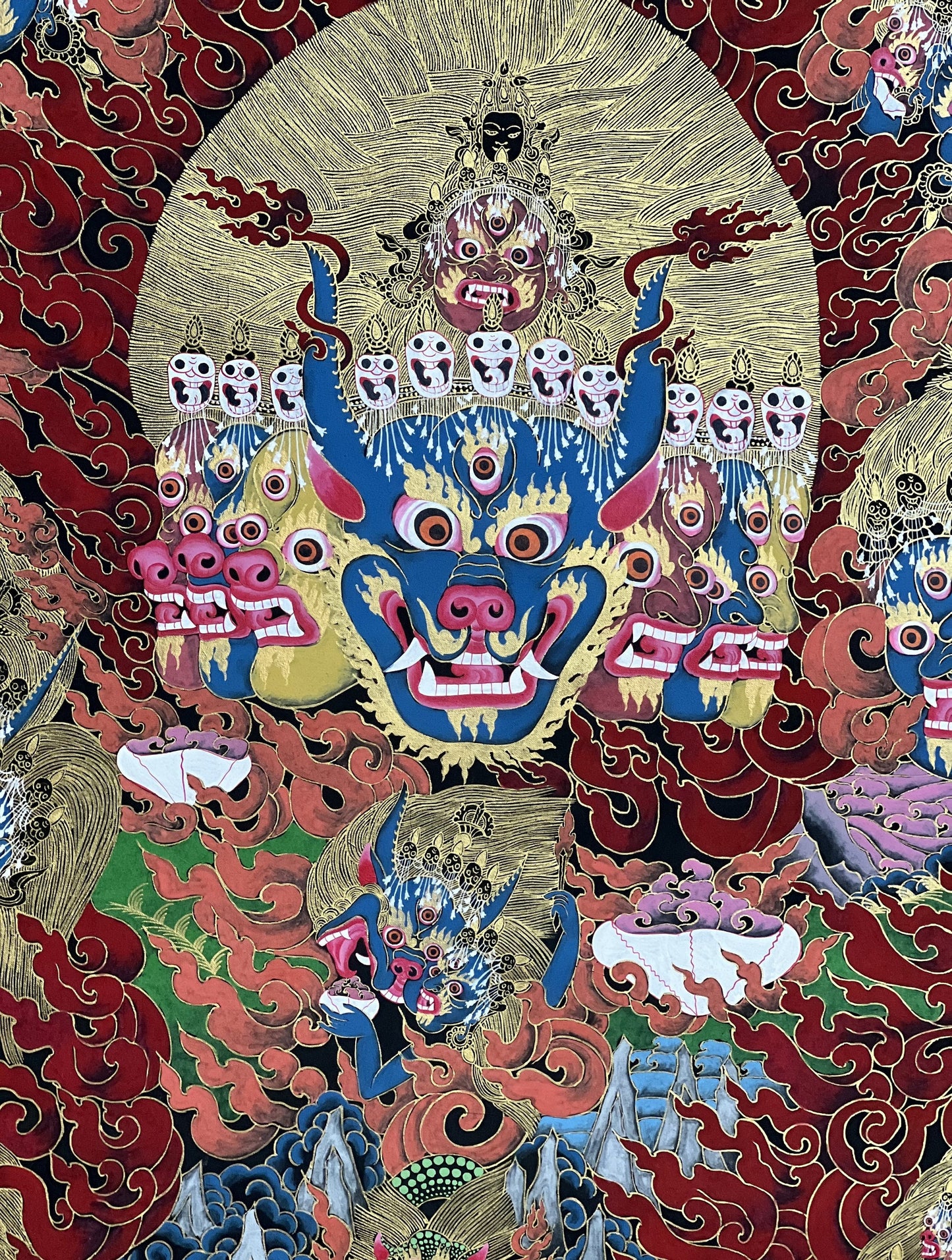 Original Hand-Painted Head of Wrathful Deity Yamantaka High-Quality Large Tibetan Thangka Painting/ Wall Hanging/ Compassion Meditation Art