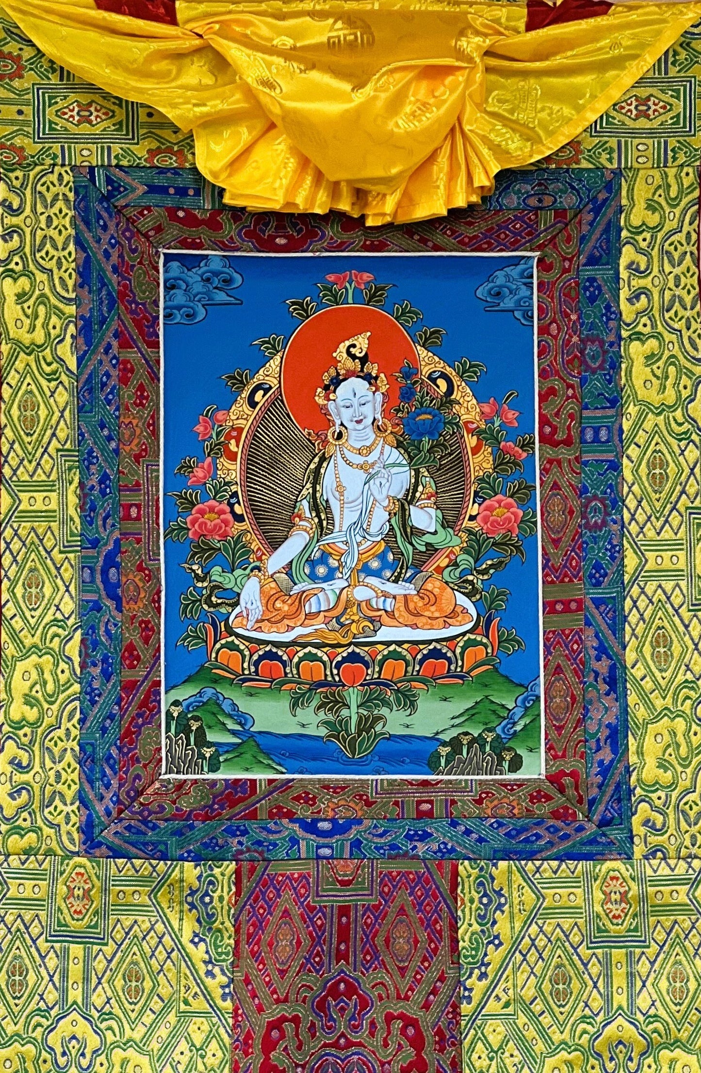 Original Hand Painted White Tara / Mother Goddess / Tibetan Compassion Meditation Thangka / Thanka Painting with High Quality Silk Brocade