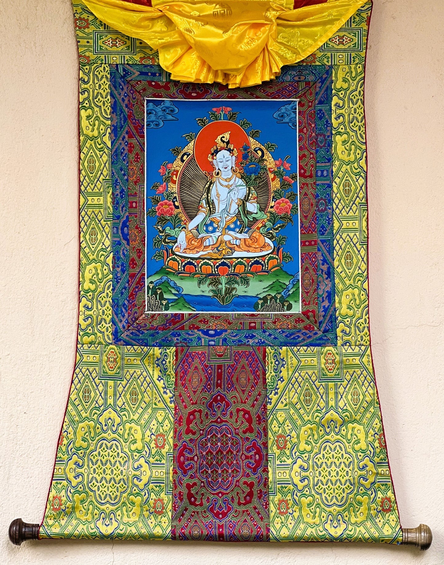 Original Hand Painted White Tara / Mother Goddess / Tibetan Compassion Meditation Thangka / Thanka Painting with High Quality Silk Brocade