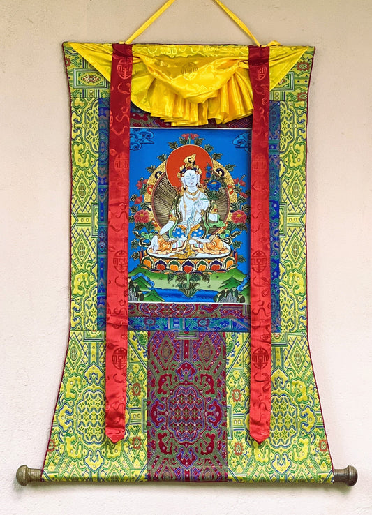 Original Hand Painted White Tara / Mother Goddess / Tibetan Compassion Meditation Thangka / Thanka Painting with High Quality Silk Brocade