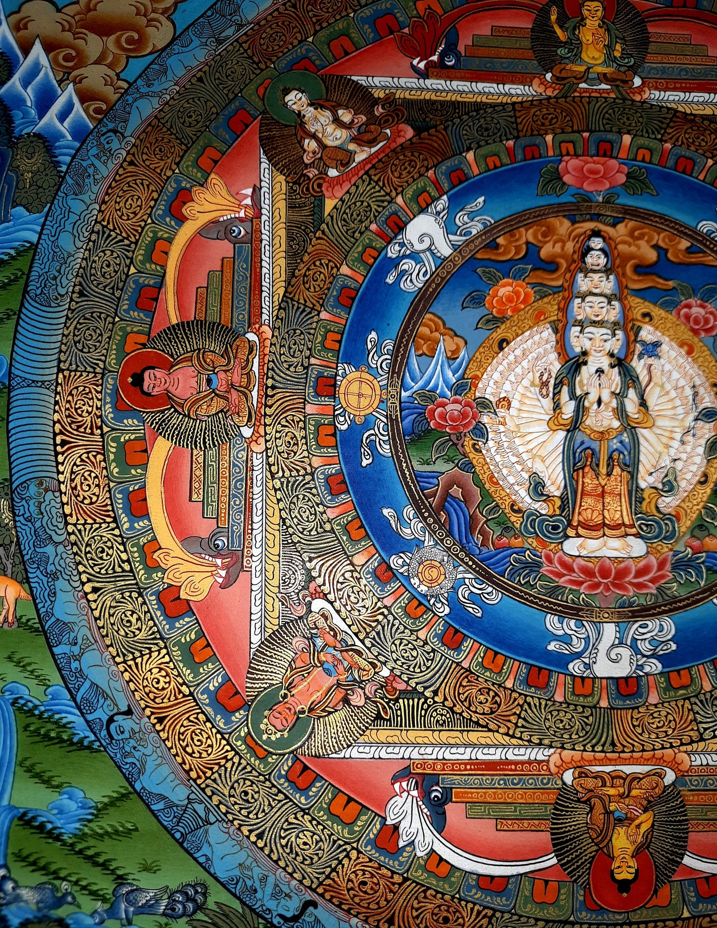 Original Hand Painted SAHASRABHUJA 1000 ARMED AVALOKITESHVARA Mandala Tibetan Compassion / Meditation Old Gold Thangka / Thanka Painting