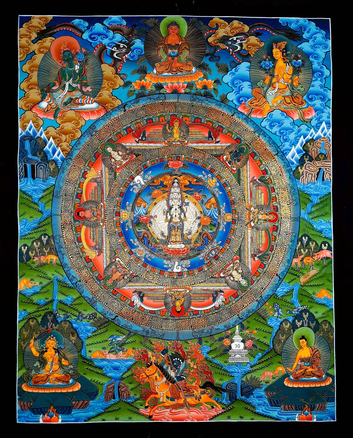 Original Hand Painted SAHASRABHUJA 1000 ARMED AVALOKITESHVARA Mandala Tibetan Compassion / Meditation Old Gold Thangka / Thanka Painting