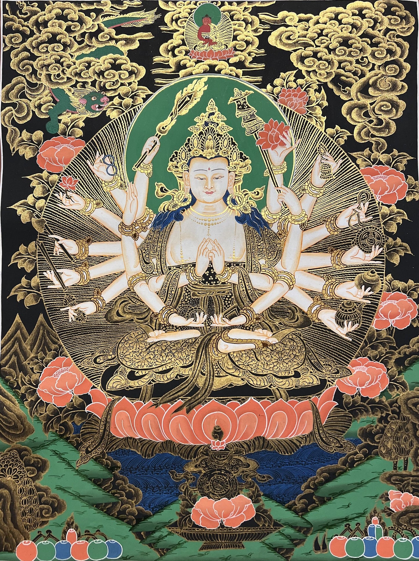 Original Hand Painted Chundi / Chandi/ Cundi/ Tsundri Mother Goddess Tibetan Thangka Painting Compassion Meditation Art From Nepal