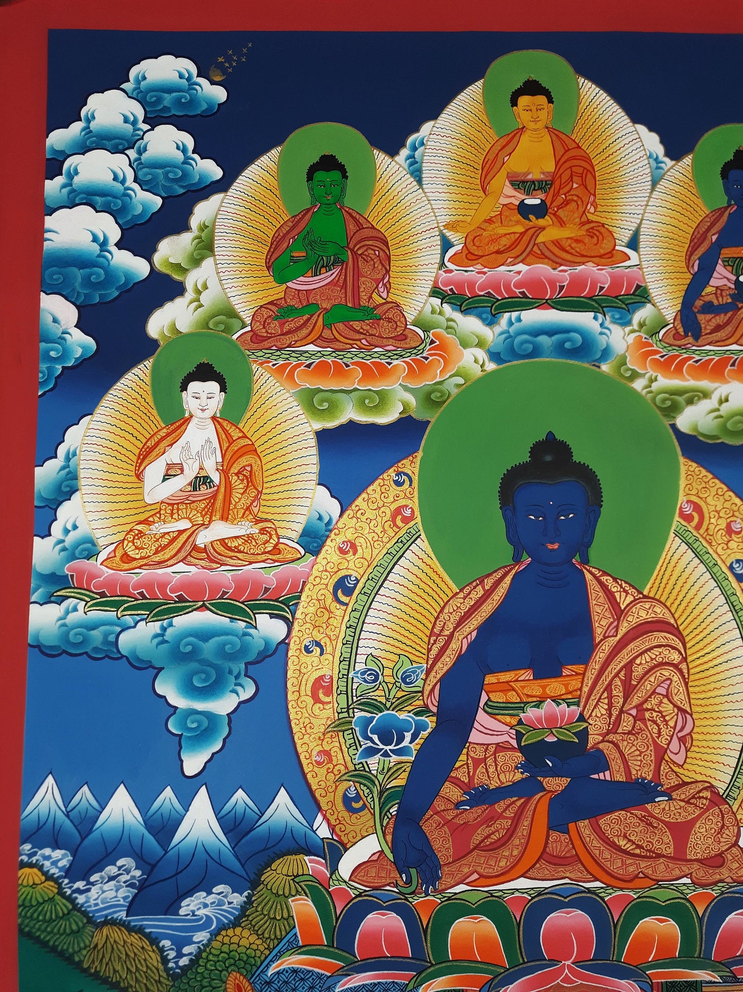 Original Hand Painted  Eight Medicine Buddha / Bhaisajyaguru Masterpiece Tibetan Wall Hanging Mediation Painting Thangka / Thanka Art