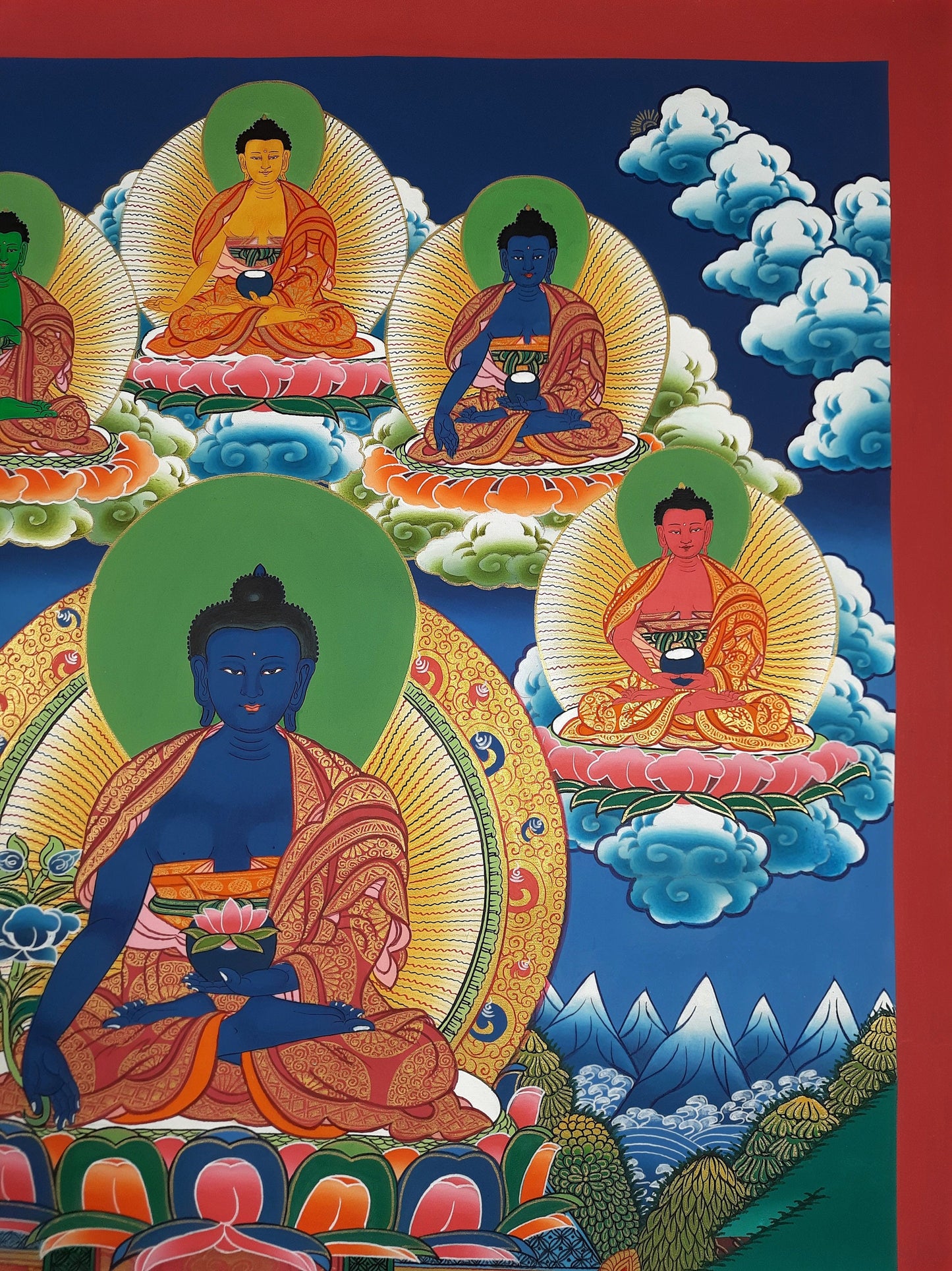 Original Hand Painted  Eight Medicine Buddha / Bhaisajyaguru Masterpiece Tibetan Wall Hanging Mediation Painting Thangka / Thanka Art