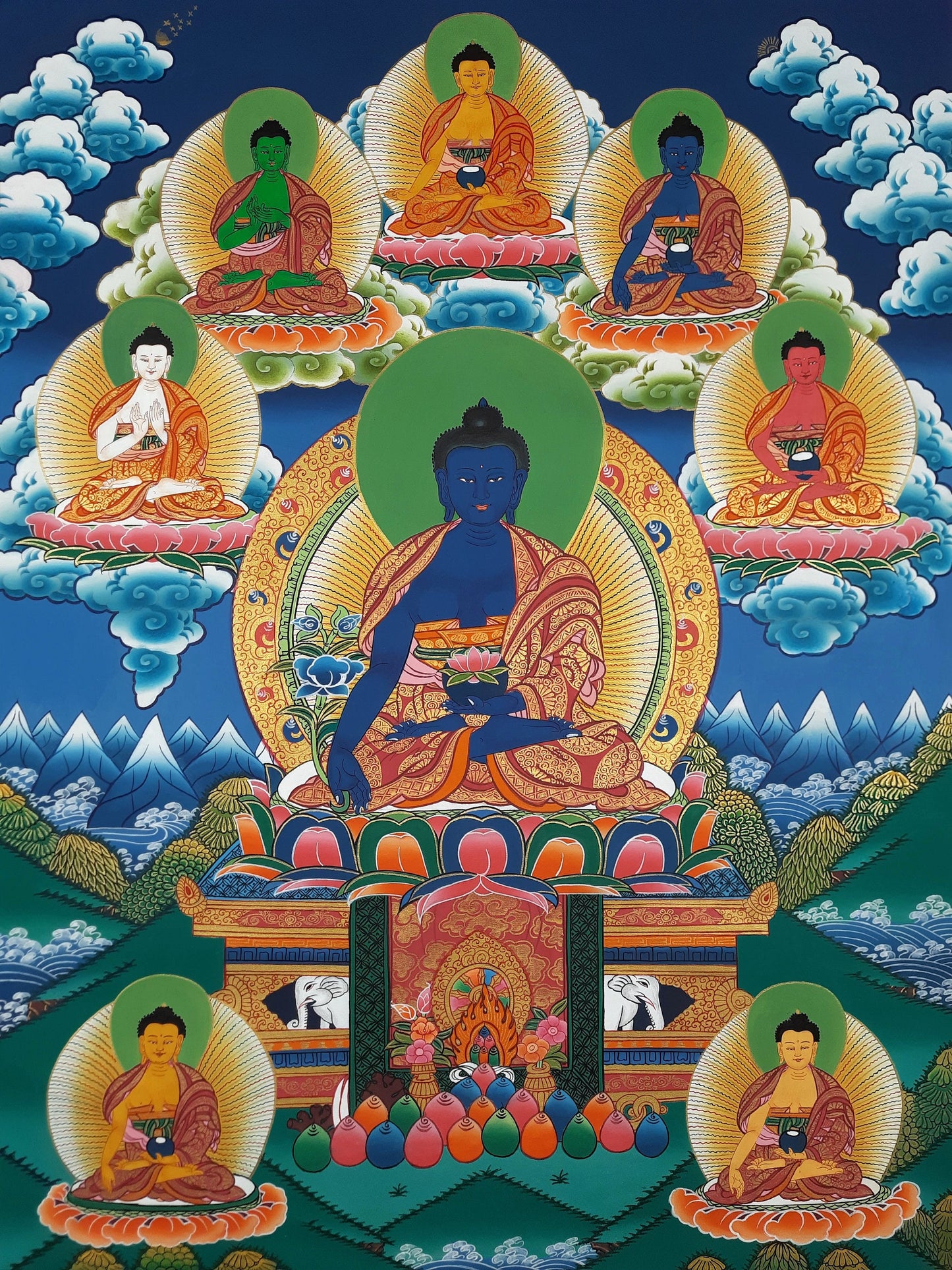 Original Hand Painted  Eight Medicine Buddha / Bhaisajyaguru Masterpiece Tibetan Wall Hanging Mediation Painting Thangka / Thanka Art