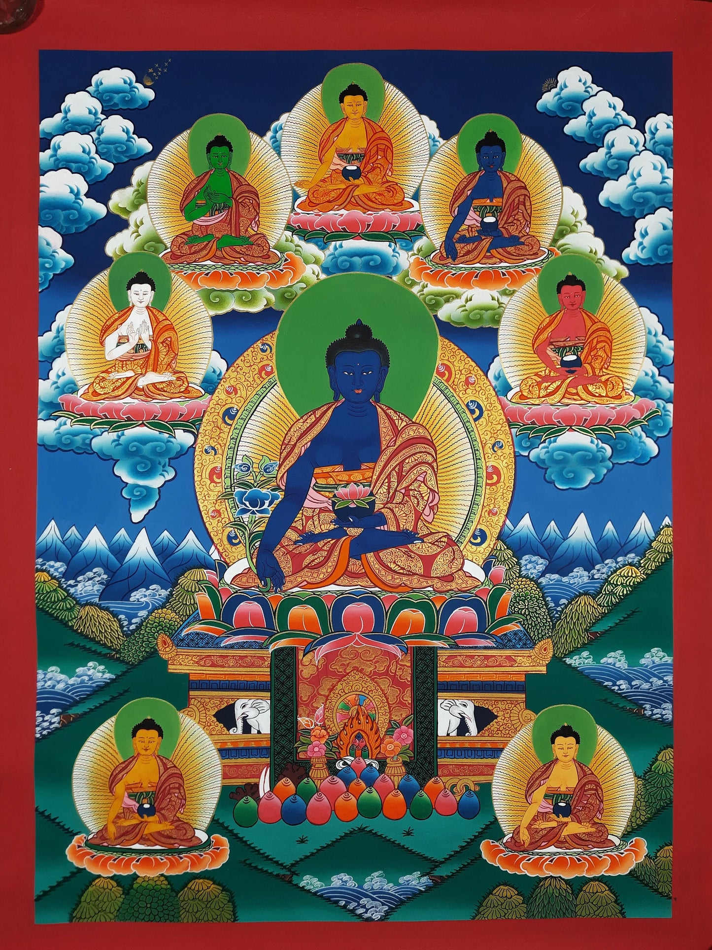 Original Hand Painted  Eight Medicine Buddha / Bhaisajyaguru Masterpiece Tibetan Wall Hanging Mediation Painting Thangka / Thanka Art