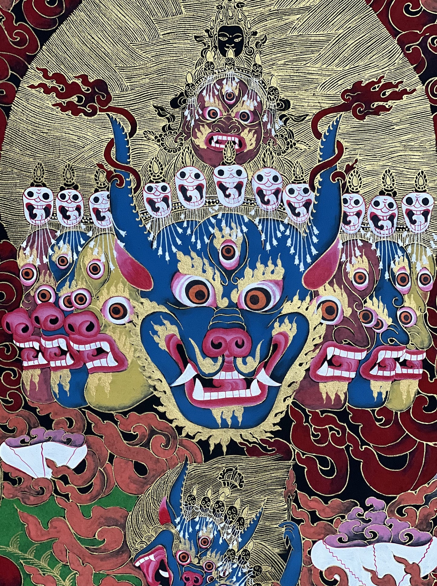 Original Hand-Painted Head of Wrathful Deity Yamantaka High-Quality Large Tibetan Thangka Painting/ Wall Hanging/ Compassion Meditation Art