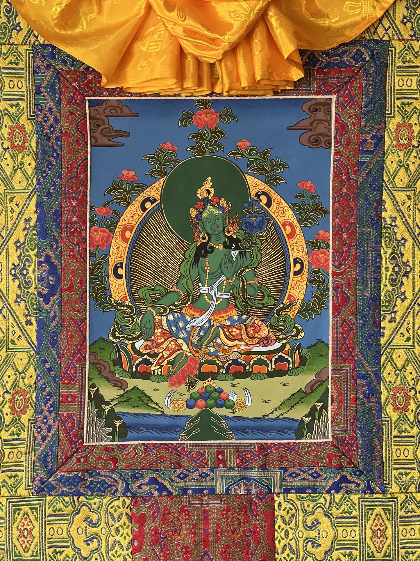 Original Hand-painted Green Tara  Mother Goddess Shyamatara Tibetan Thangka Painting with High-Quality Silk Brocade