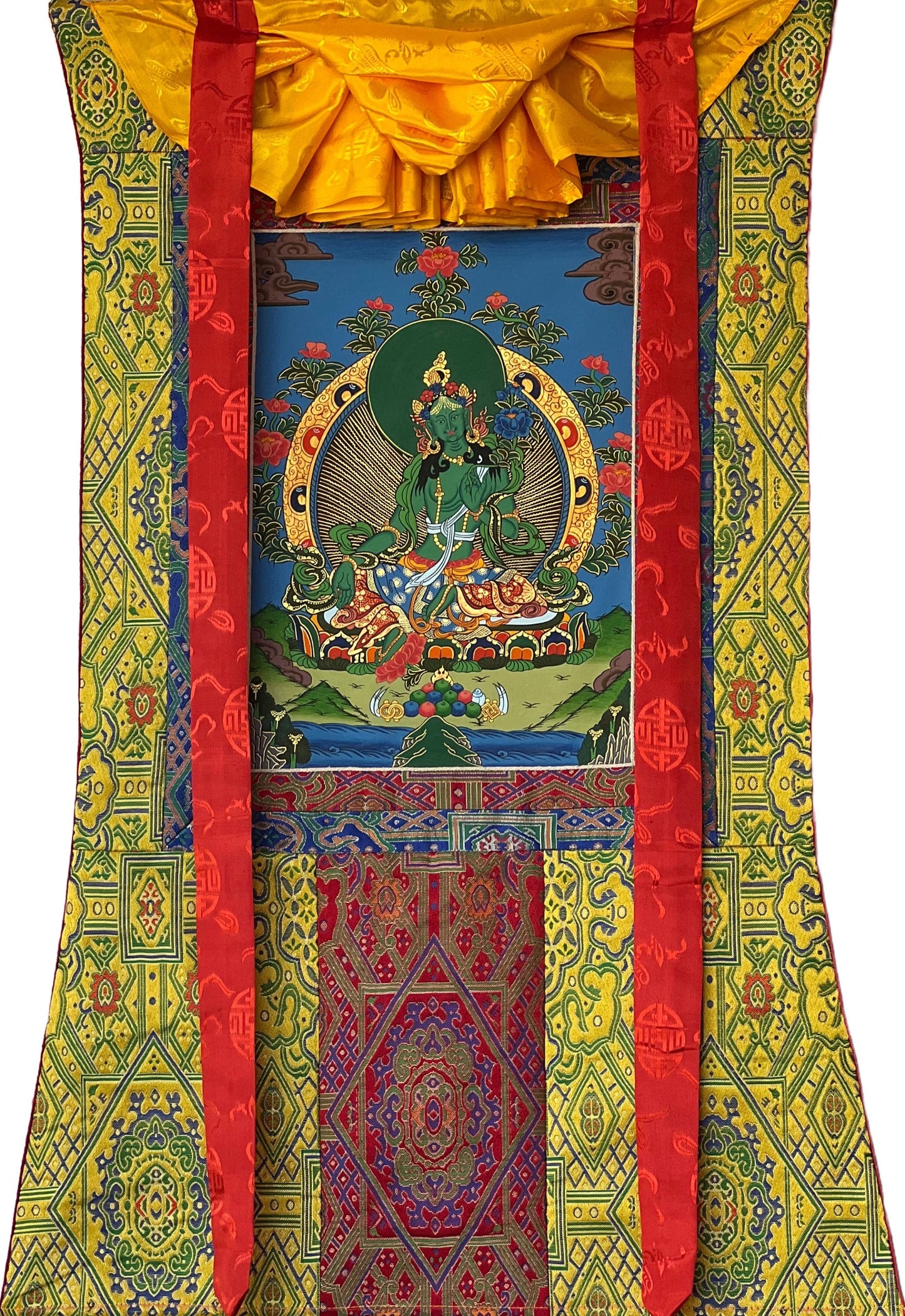 Original Hand-painted Green Tara  Mother Goddess Shyamatara Tibetan Thangka Painting with High-Quality Silk Brocade