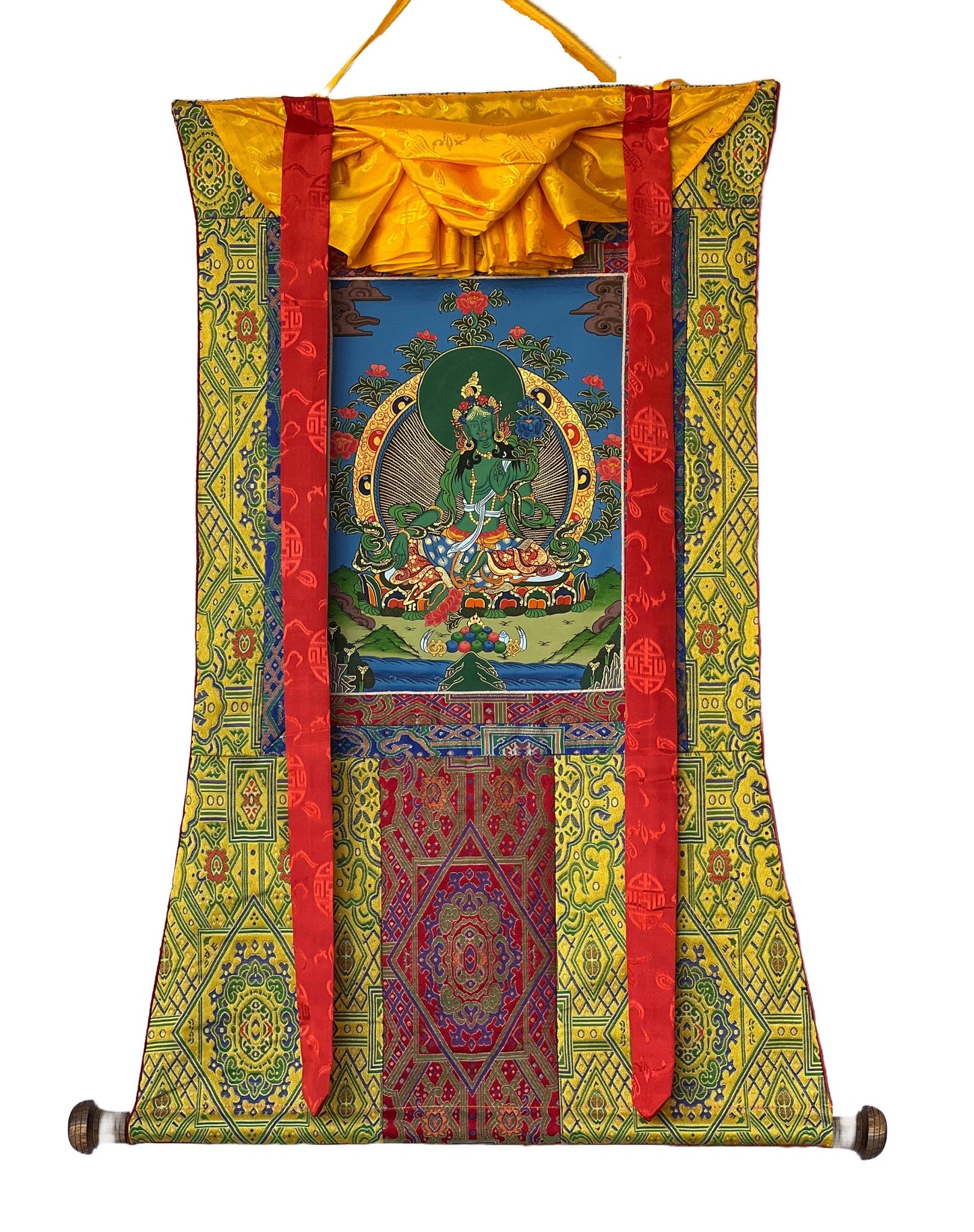 Original Hand-painted Green Tara  Mother Goddess Shyamatara Tibetan Thangka Painting with High-Quality Silk Brocade