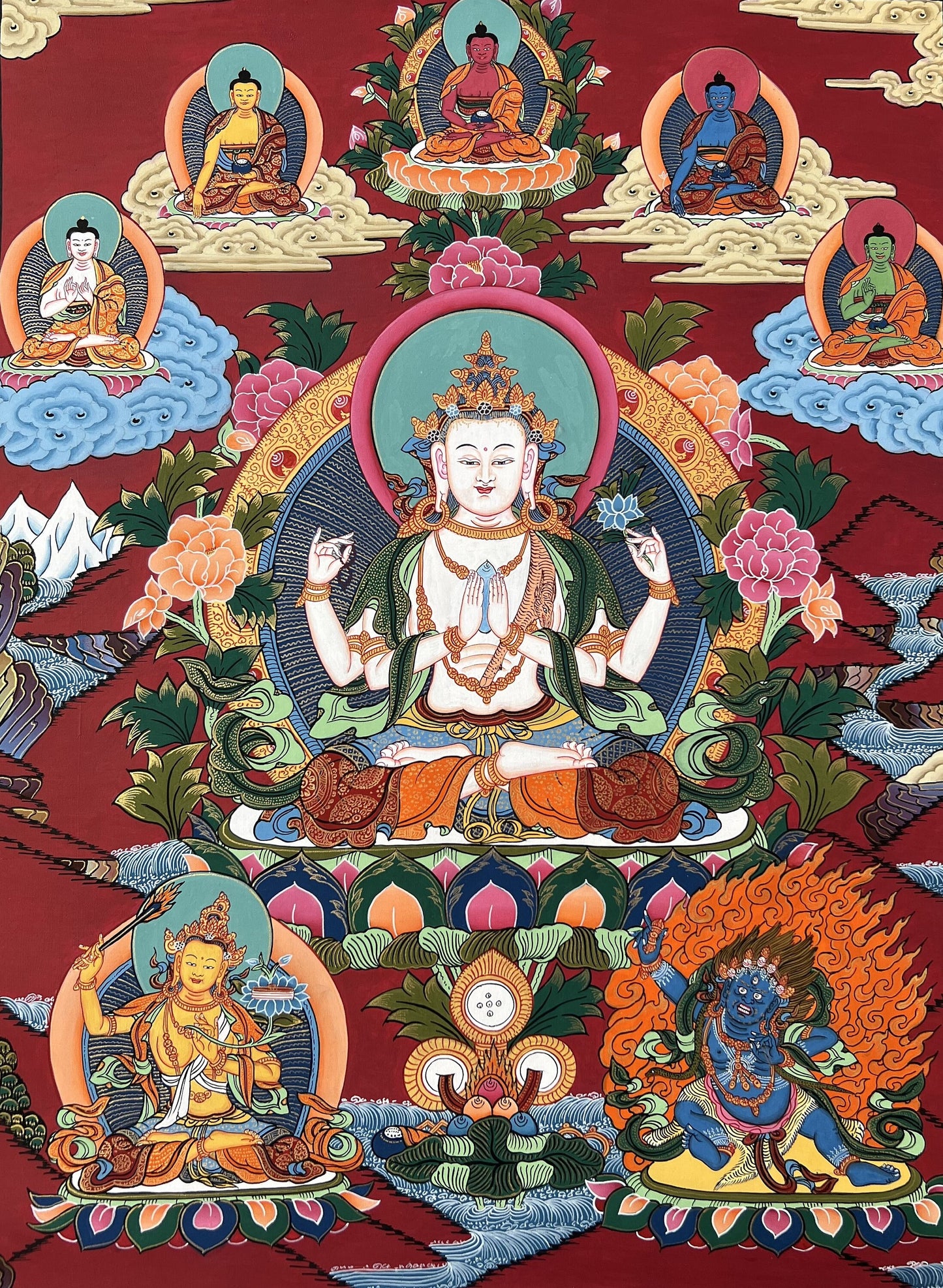 Original Hand Painted Chenrezig / Avalokiteshvara Compassion Buddha Tibetan  Meditation Thangka / Thanka  Painting/ Wall Hanging  From Nepal