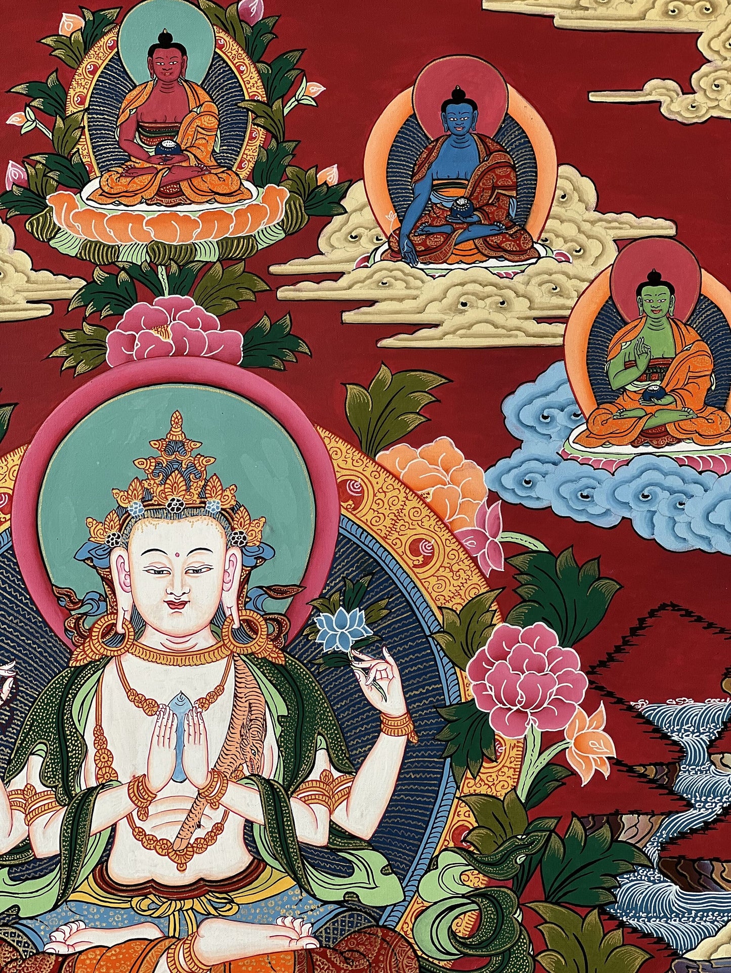 Original Hand Painted Chenrezig / Avalokiteshvara Compassion Buddha Tibetan  Meditation Thangka / Thanka  Painting/ Wall Hanging  From Nepal