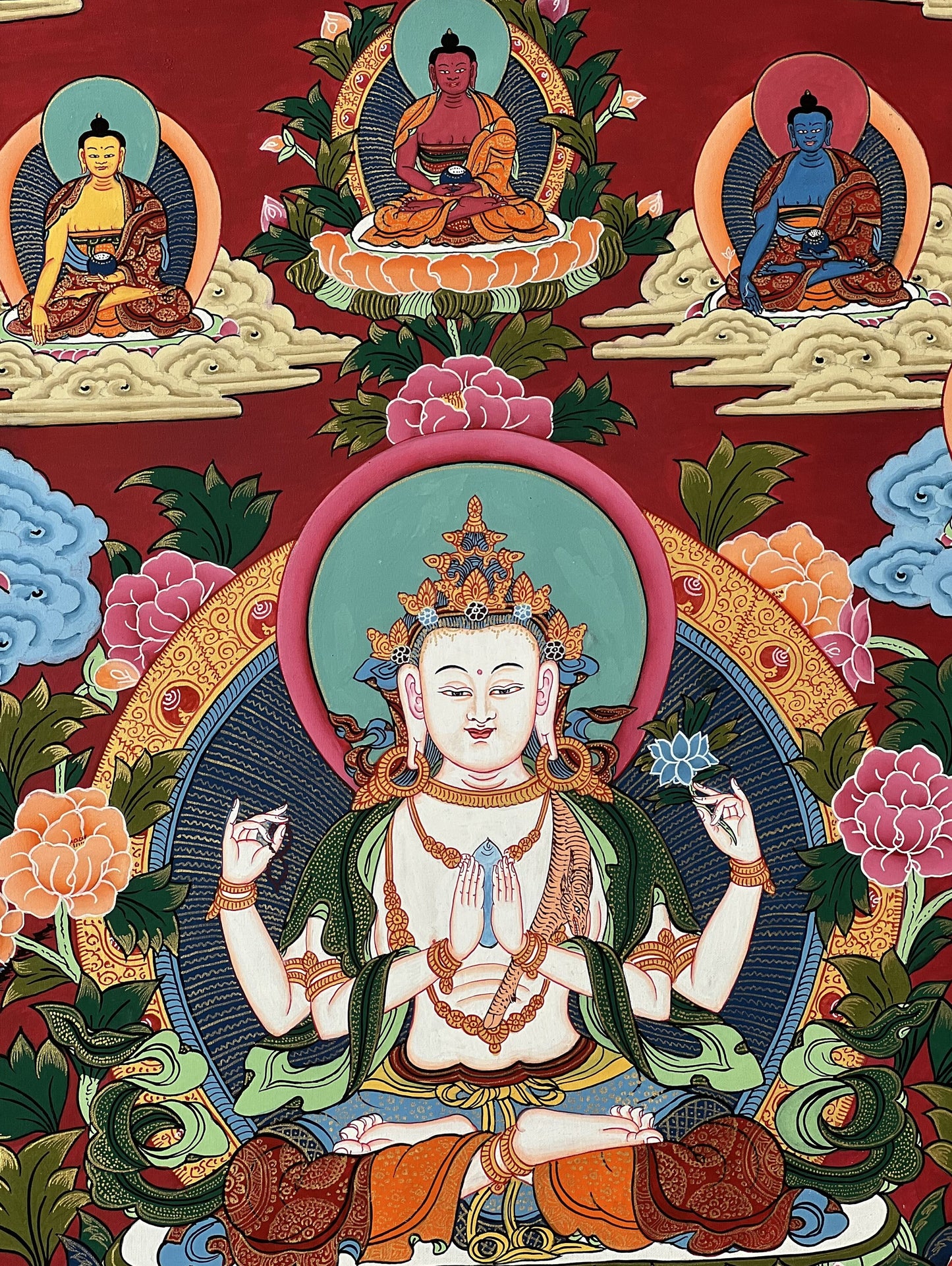 Original Hand Painted Chenrezig / Avalokiteshvara Compassion Buddha Tibetan  Meditation Thangka / Thanka  Painting/ Wall Hanging  From Nepal