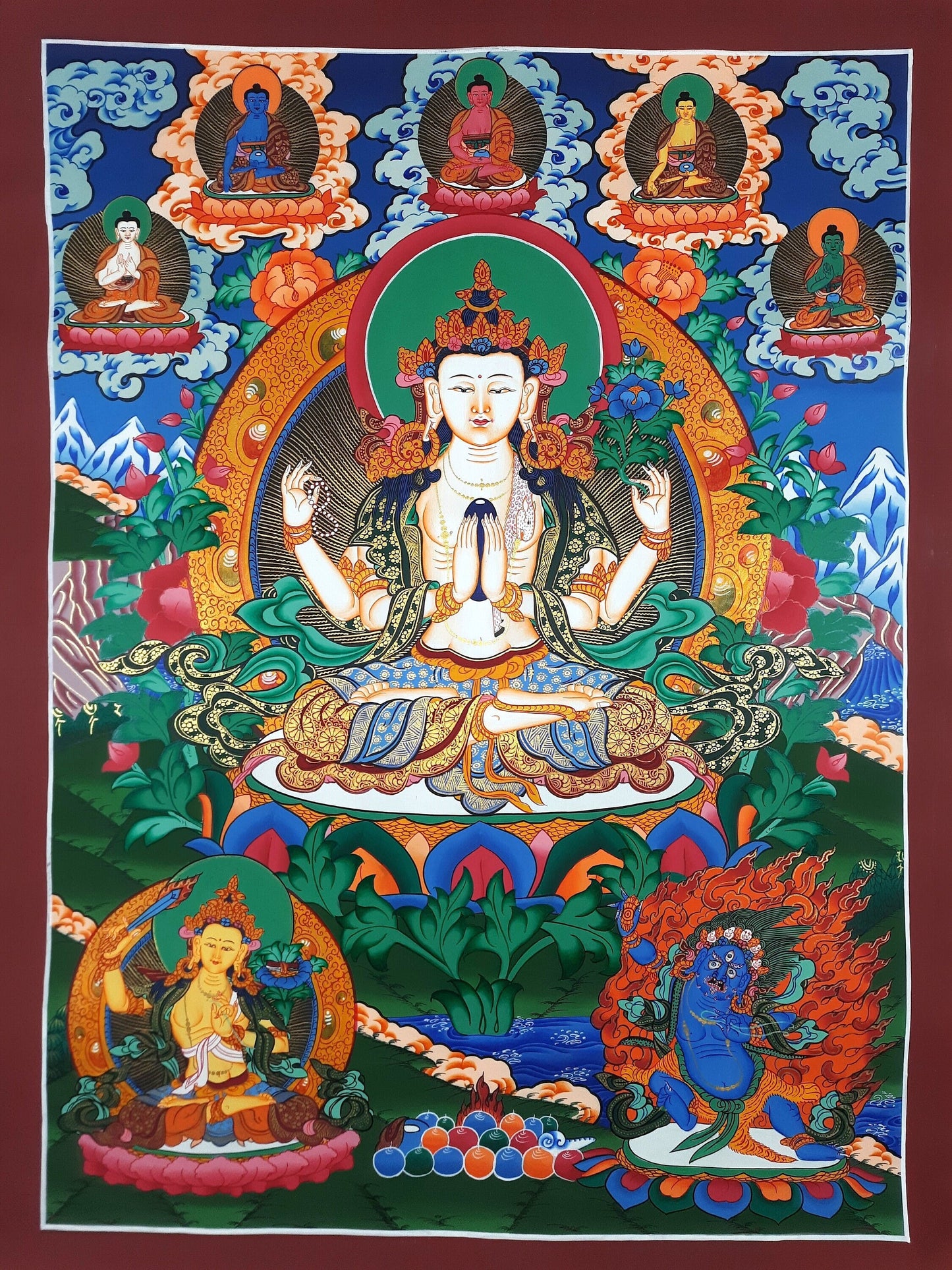 Original Hand Painted Masterpiece Avalokiteshvara/Chenrezig / Compassion Buddha Tibetan Meditation Wall hanging Thangka / Thanka Painting