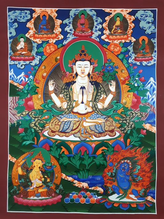 Original Hand Painted Masterpiece Avalokiteshvara/Chenrezig / Compassion Buddha Tibetan Meditation Wall hanging Thangka / Thanka Painting