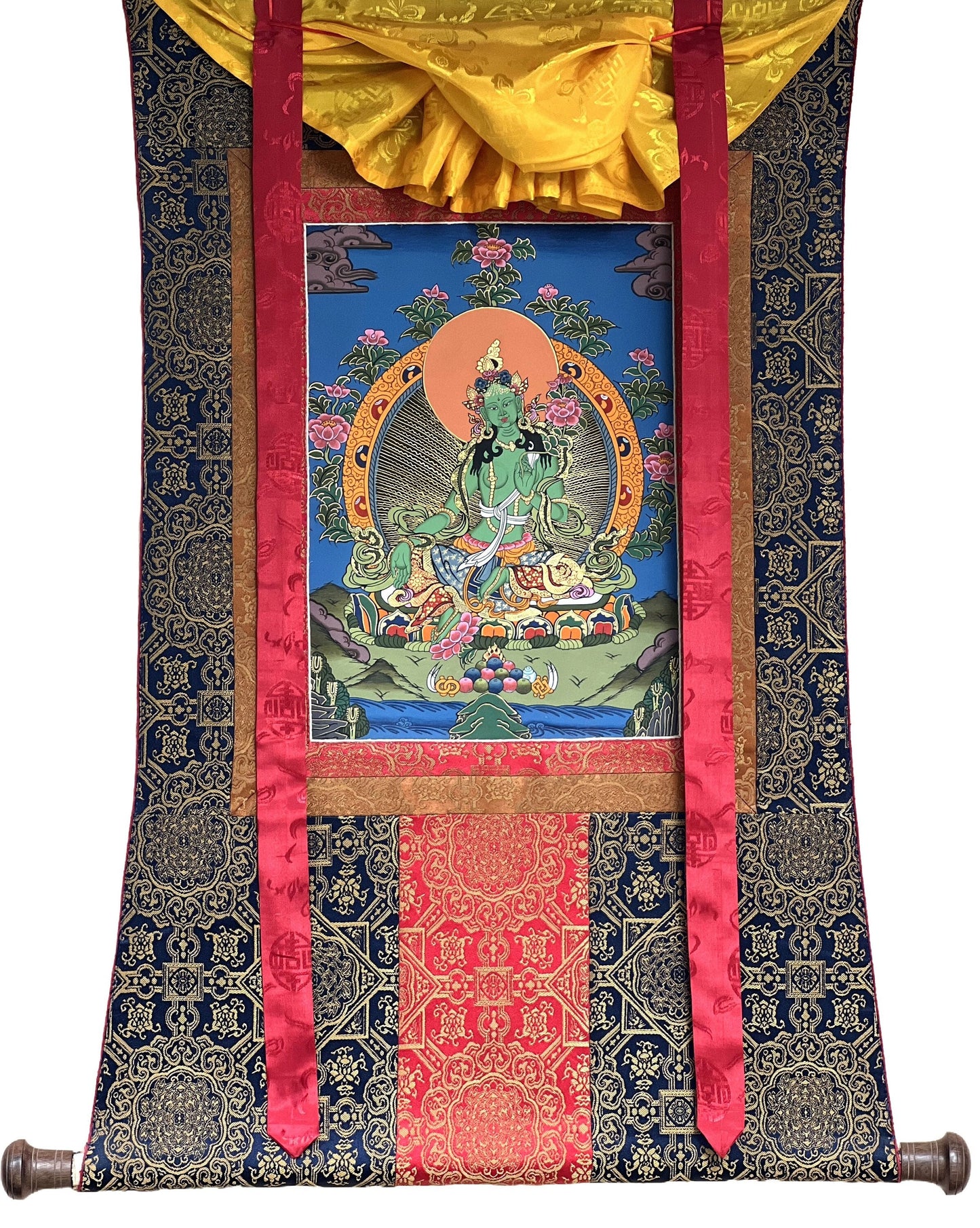 Original Hand-painted, Green Tara, Shyamatara Tibetan Thangka Painting with High-Quality Silk Brocade