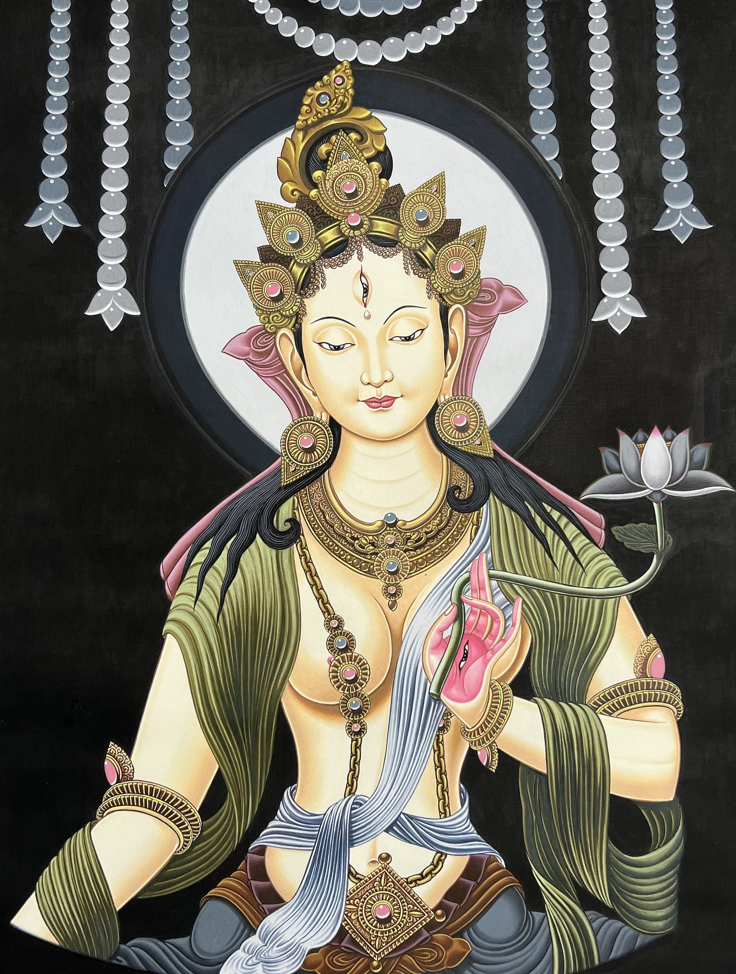 Original Hand Painted White Tara / Mother Tara Masterpiece Newari Tibetan Thangka / Thanka Painting/ Compassion Meditation Art From Nepal