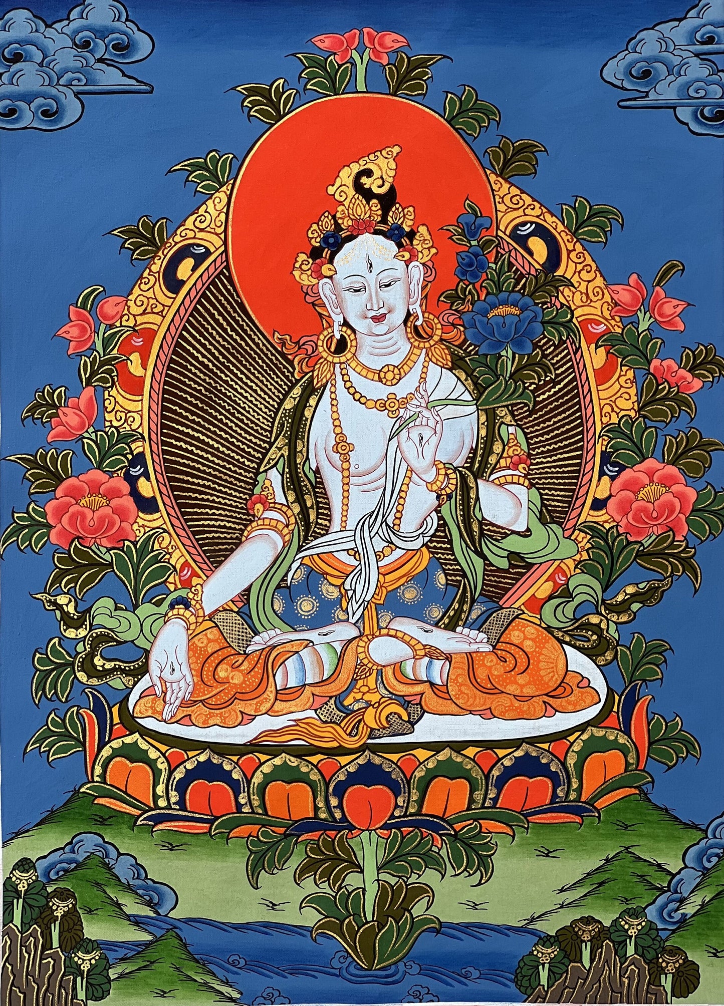 Original Hand Painted White Tara / Mother Goddess / Tibetan Compassion Meditation Thangka / Thanka Painting with High Quality Silk Brocade