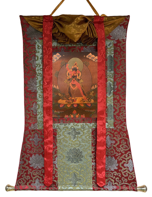 Hand-painted Original Chakrasamvara Shakti Oil-Varnished Tibetan Thangka Painting /Compassion Meditation Art with Silk Brocade